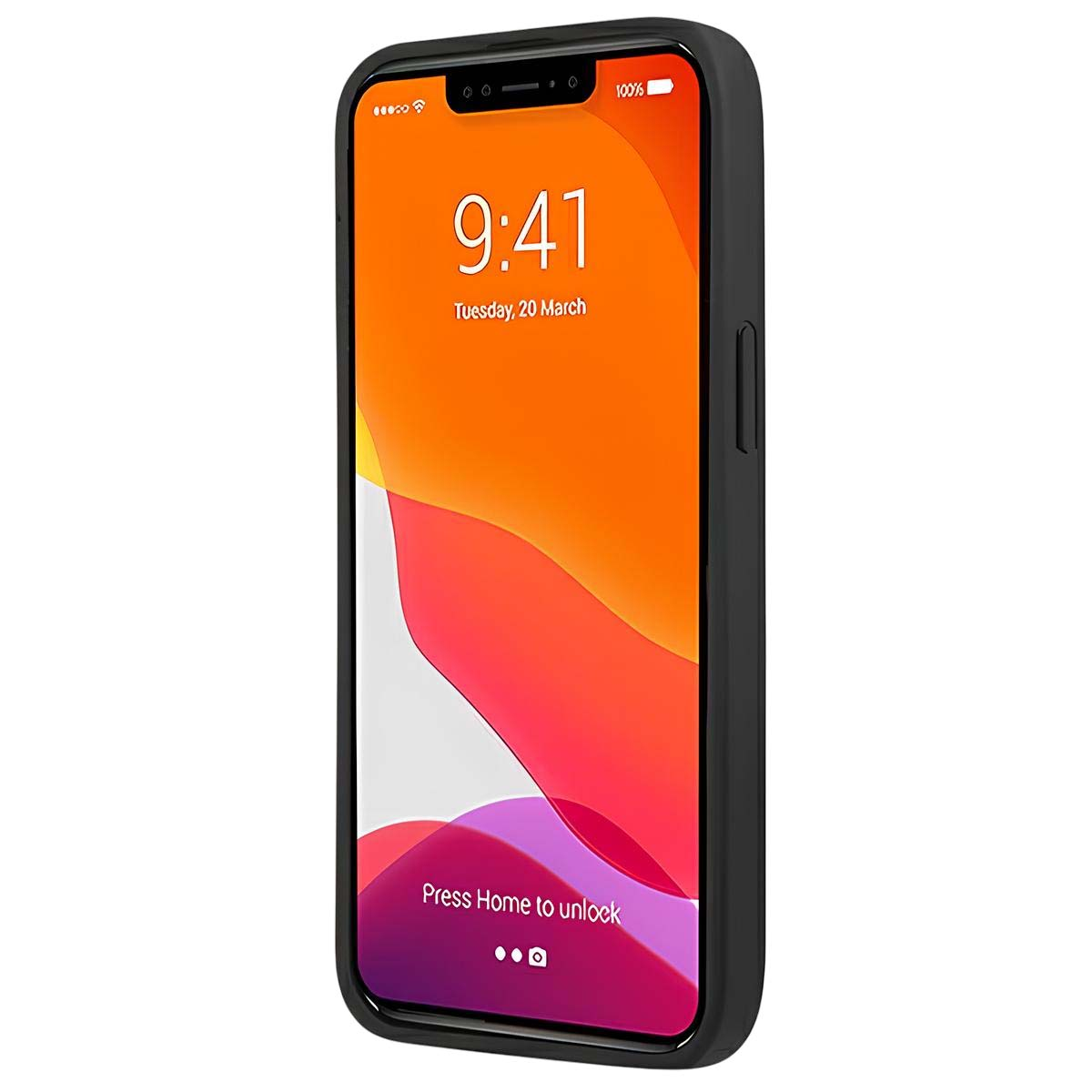 Uno smartphone con custodia nera mostra l'ora 9:41 su uno sfondo colorato arancione e bianco. Lo schermo dice 'Premi Home per sbloccare'.