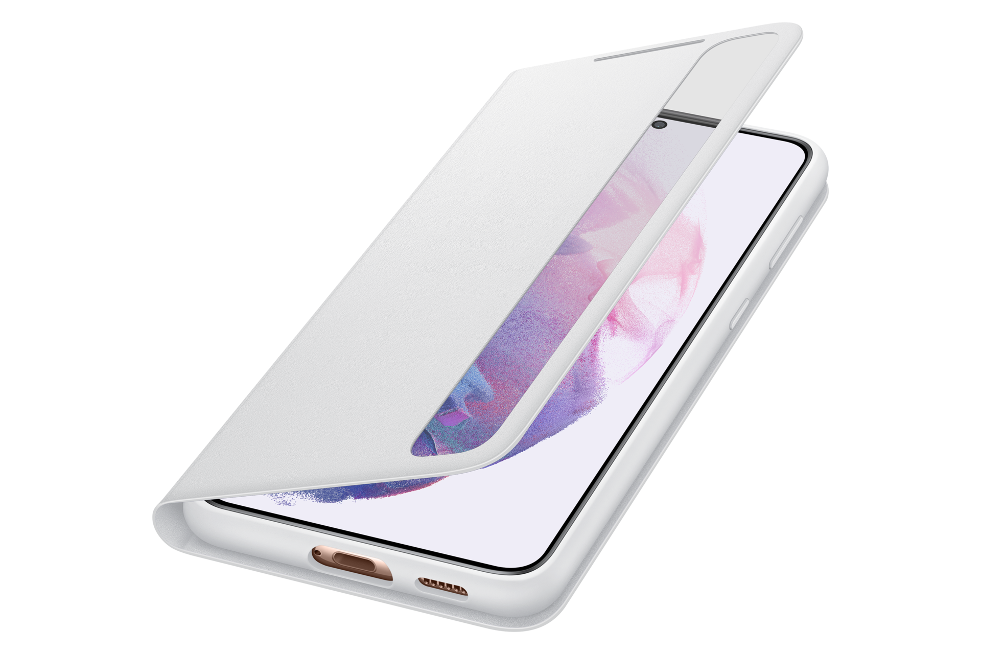 Una funda blanca para teléfono está abierta, revelando un teléfono con una pantalla colorida. La funda está en ángulo, mostrando el diseño.
