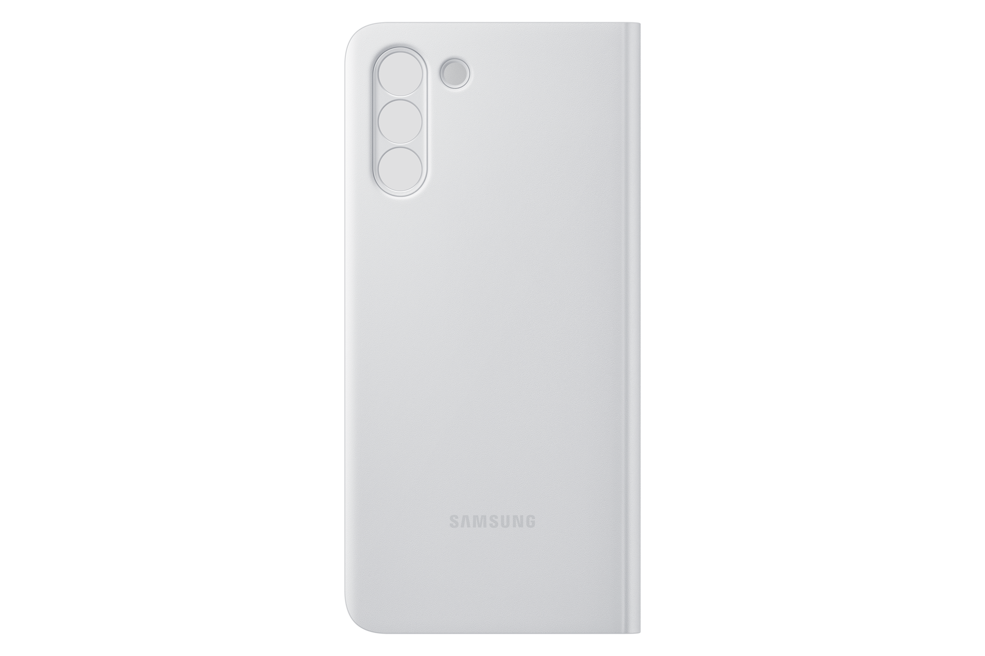 Una funda blanca para teléfono con tres recortes para cámara y uno solo. El logotipo de Samsung está en la parte inferior.