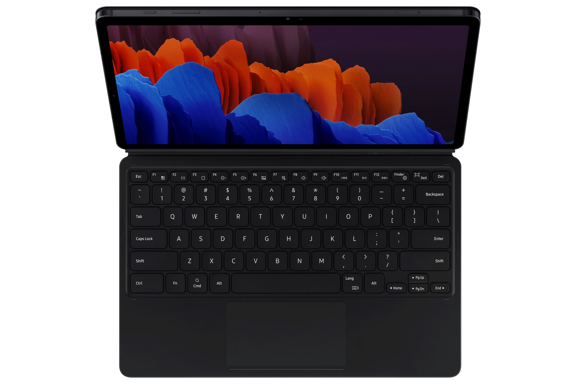 Ein schwarzes Tablet mit angeschlossener Tastatur. Der Bildschirm zeigt abstrakte Kunst. Tasten sind beschriftet.