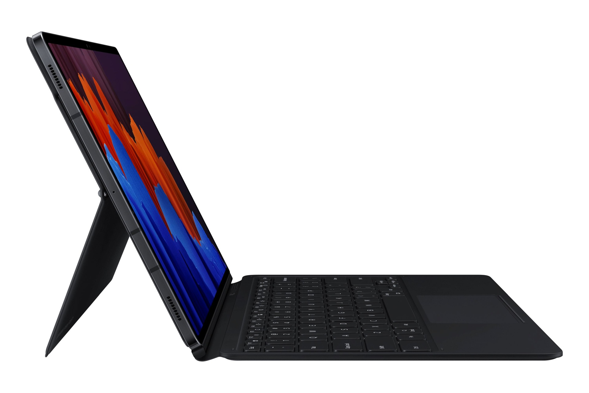 Ein schwarzes Tablet mit angeschlossener Tastatur. Der Bildschirm zeigt abstrakte Kunst in Orange und Blau. Weißer Hintergrund.