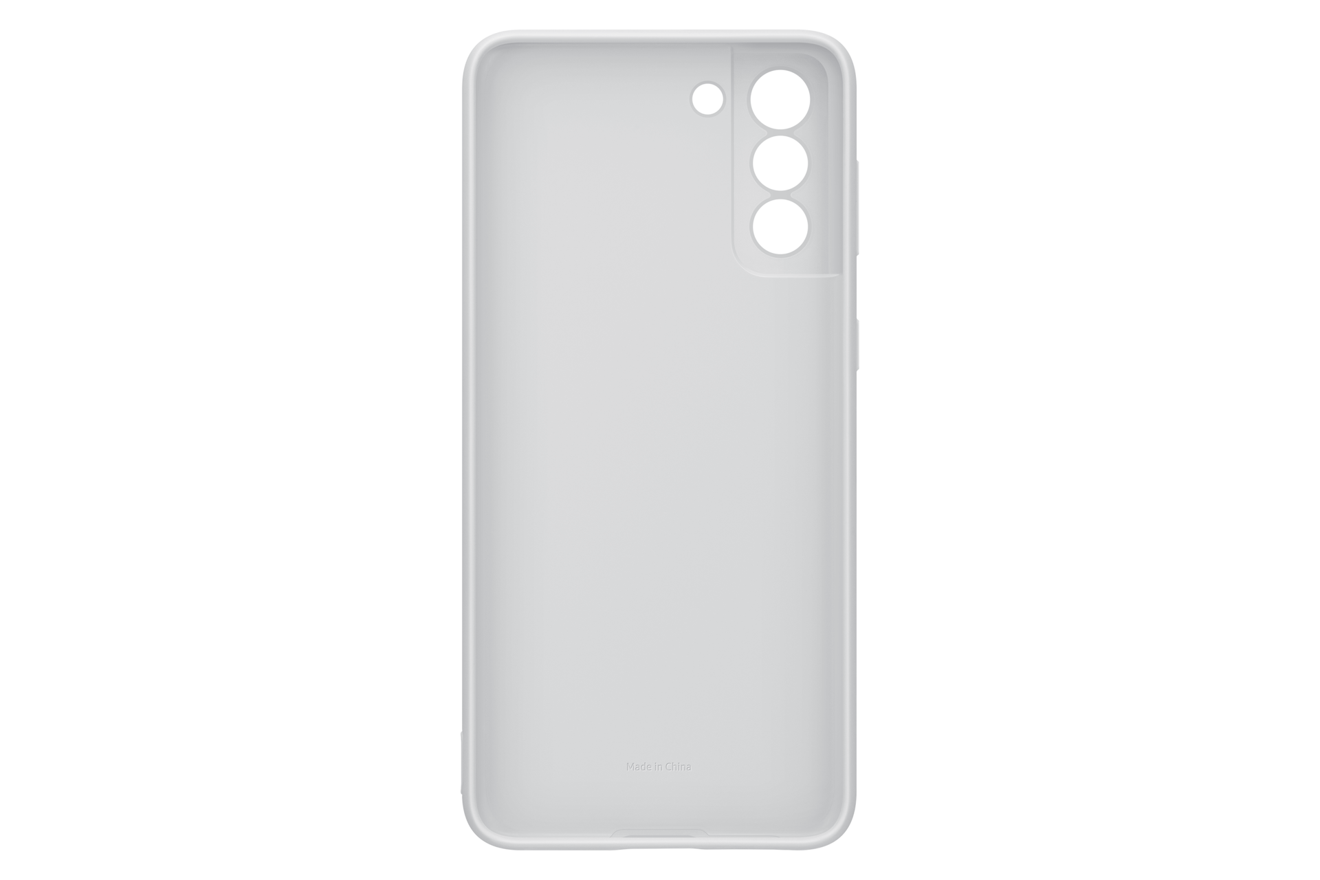 Una funda blanca para teléfono inteligente, con tres recortes para cámaras y un agujero pequeño. Fondo negro.