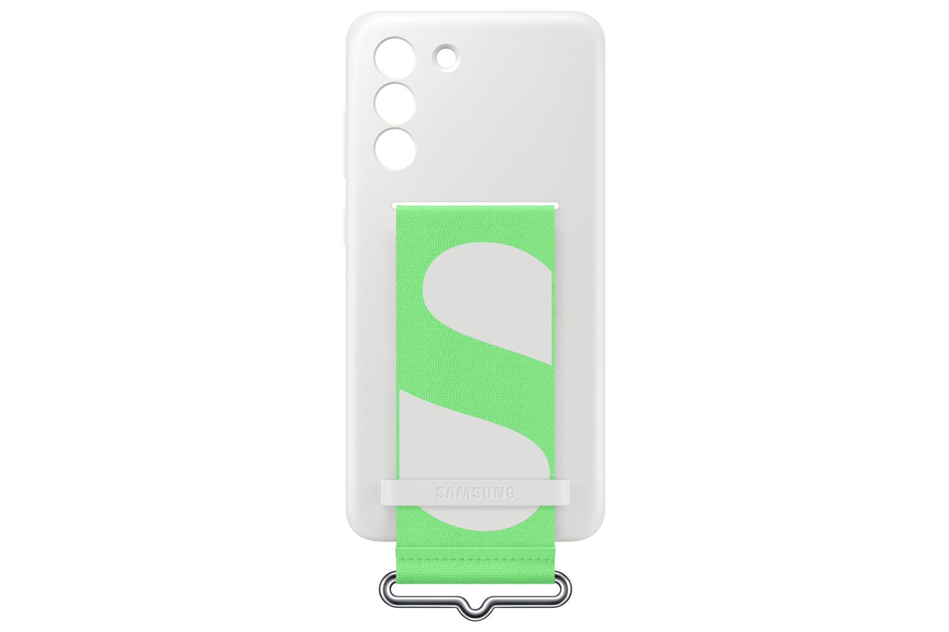 Weißes Telefoncase mit grünem Gurt. Der Gurt hat ein weißes "S"-Design und eine silberne Metallschlaufe.