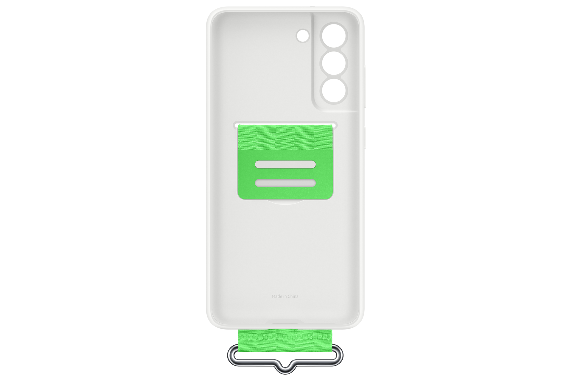 Weißes Telefoncase mit grünem Gurt und Halterung. Das Case hat drei Kameralöcher. Der Halter hat zwei weiße Linien.