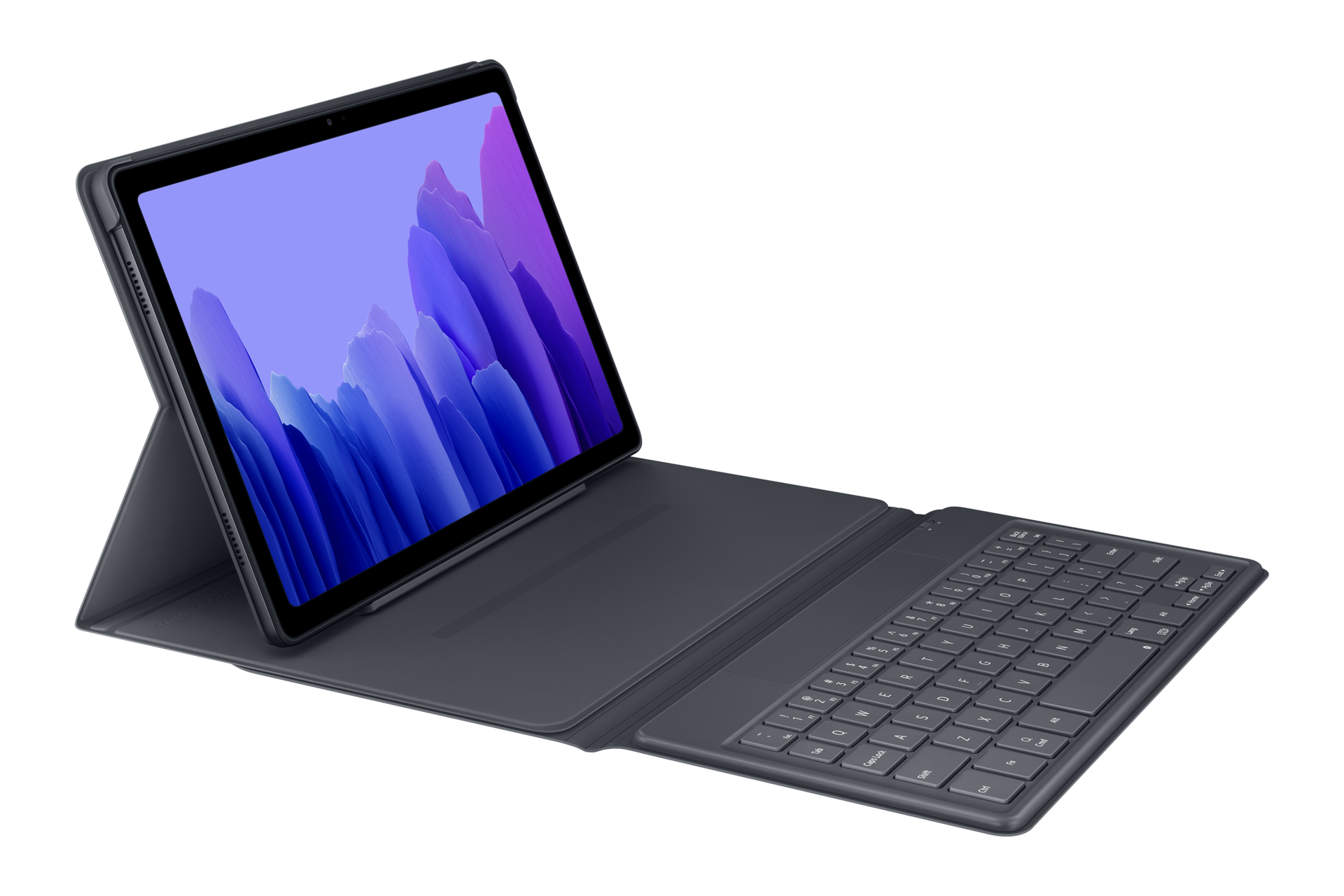 Ein Tablet mit Tastaturhülle wird angezeigt. Der Bildschirm zeigt ein blaues und violettes abstraktes Bild. Die Tastatur ist geöffnet.