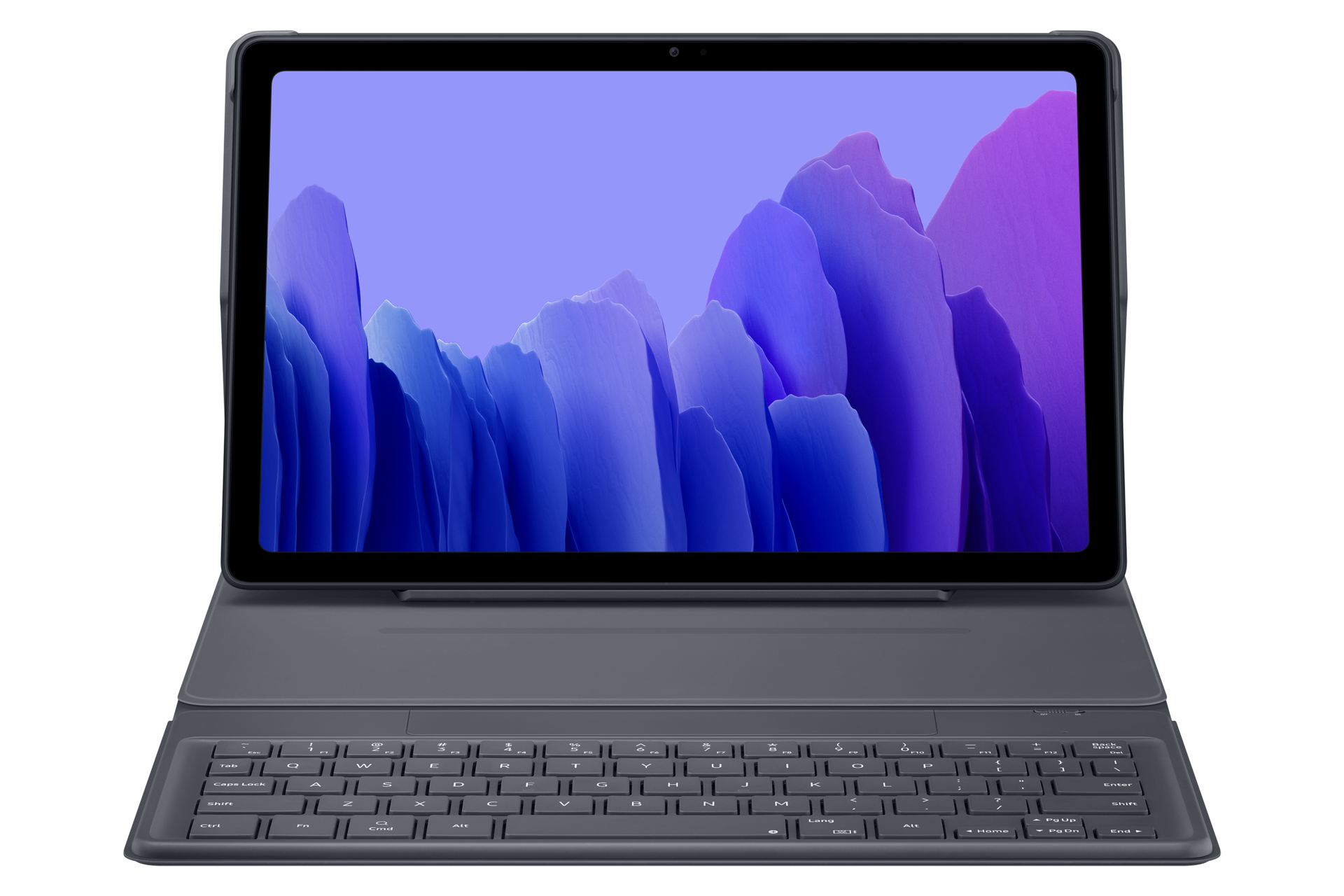 Tablet mit Tastatur. Der Bildschirm zeigt ein blaues und violettes abstraktes Design. Die Tastatur ist grau.