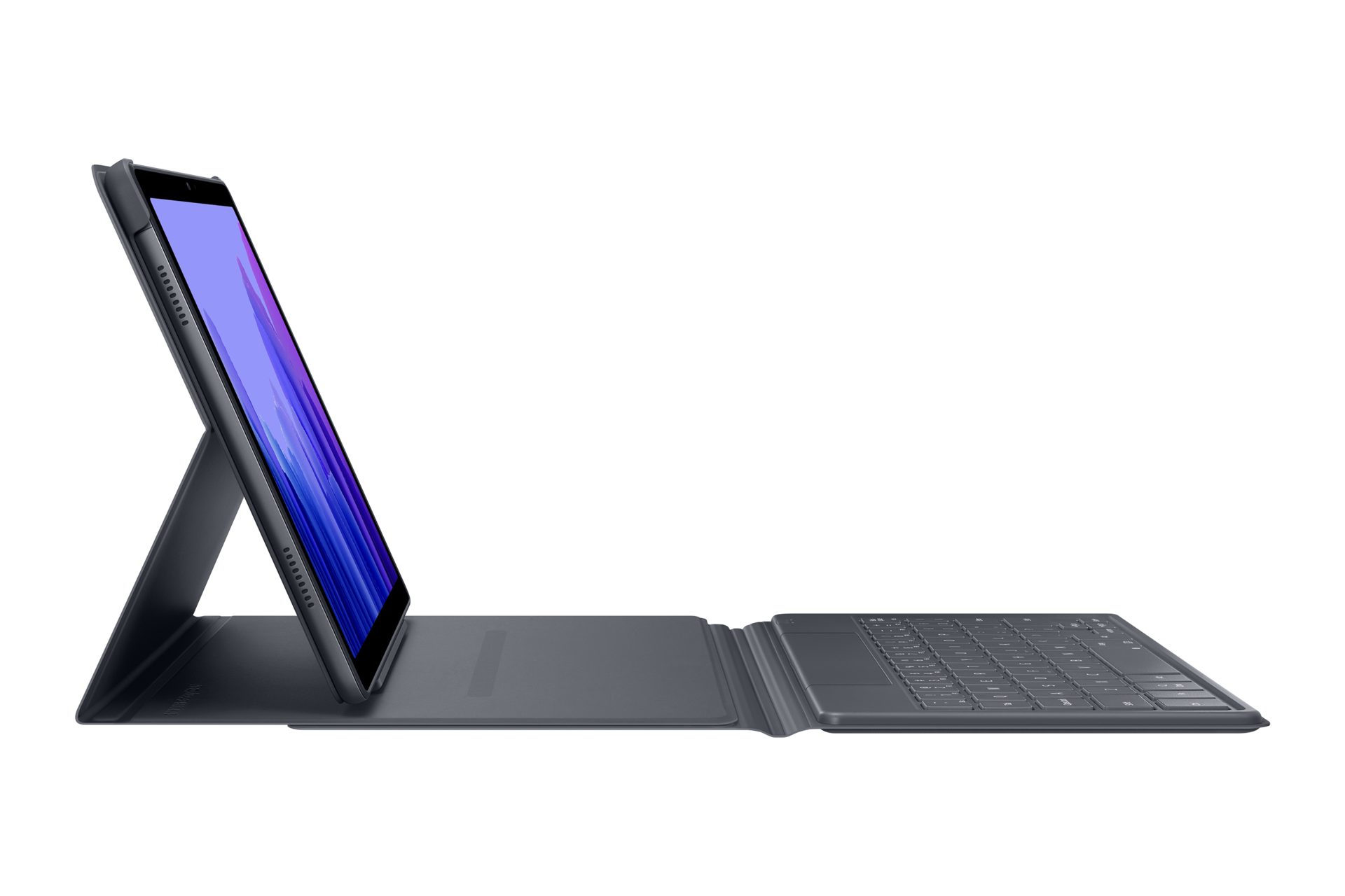Tablet mit Tastatur. Das Tablet ist aufgestellt, der Bildschirm ist sichtbar. Die Tastatur ist angebracht. Alles auf schwarzem Hintergrund.