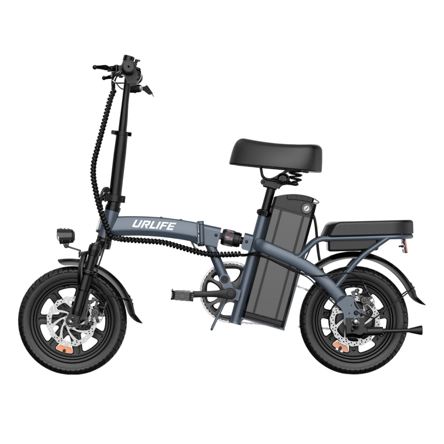 Una bici elettrica pieghevole. È grigia, nera e argento. La bici ha sella, manubrio, ruote e batteria.