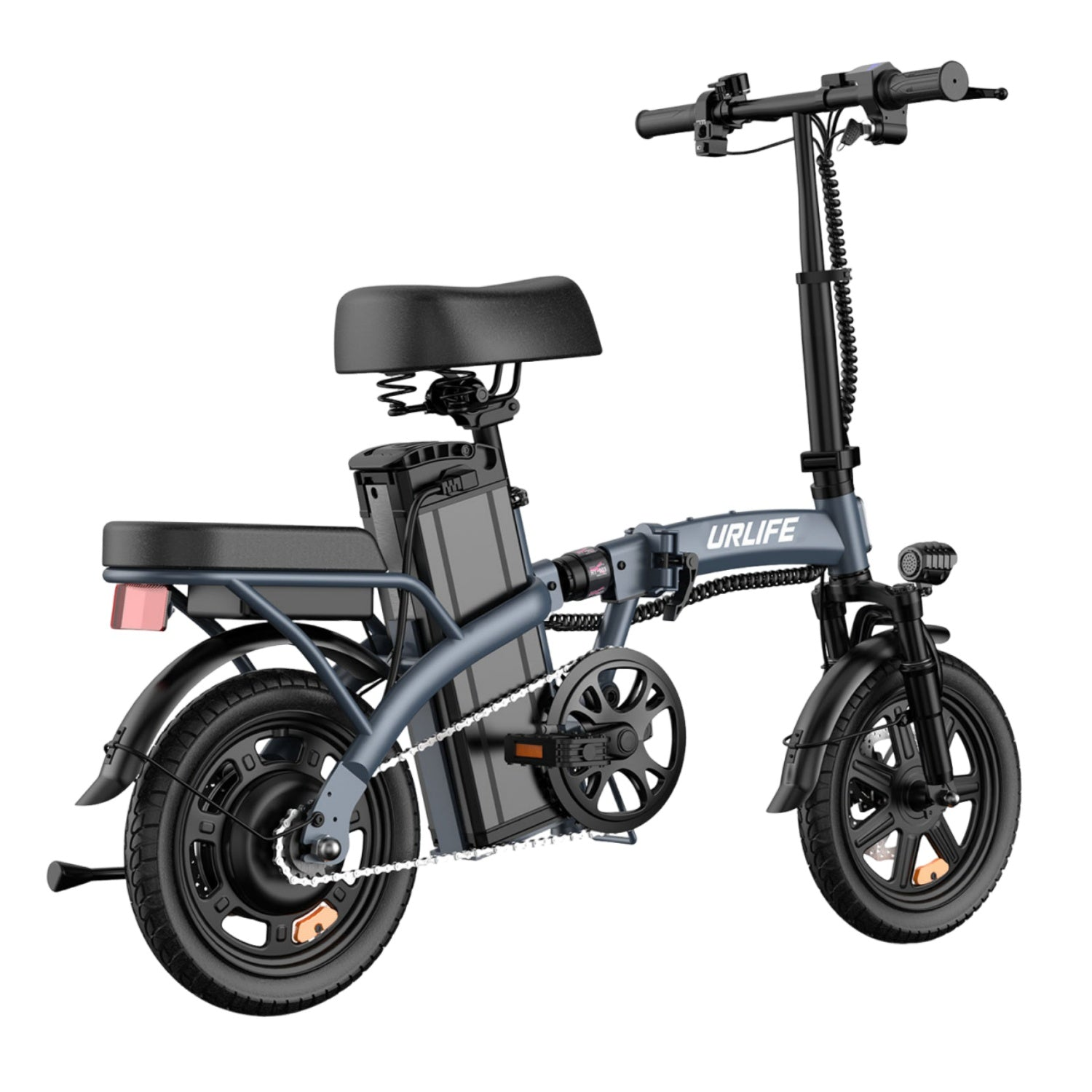 Una bici elettrica pieghevole con pneumatici neri, telaio grigio e sella nera. Ha una batteria e un faro.