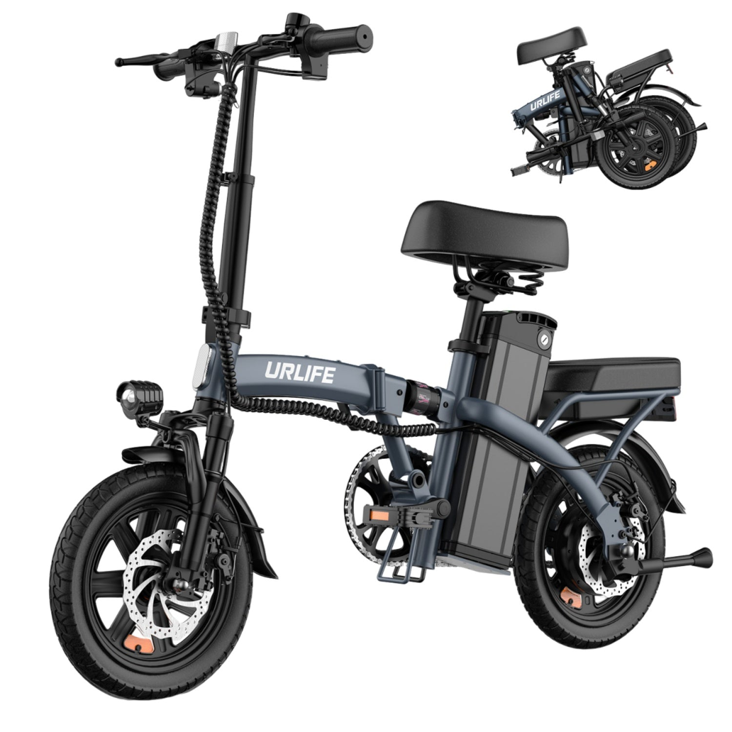 Una bici elettrica pieghevole grigia con ruote e sella nere. C'è una versione più piccola e piegata sullo sfondo. Il marchio è 'URLIFE'.