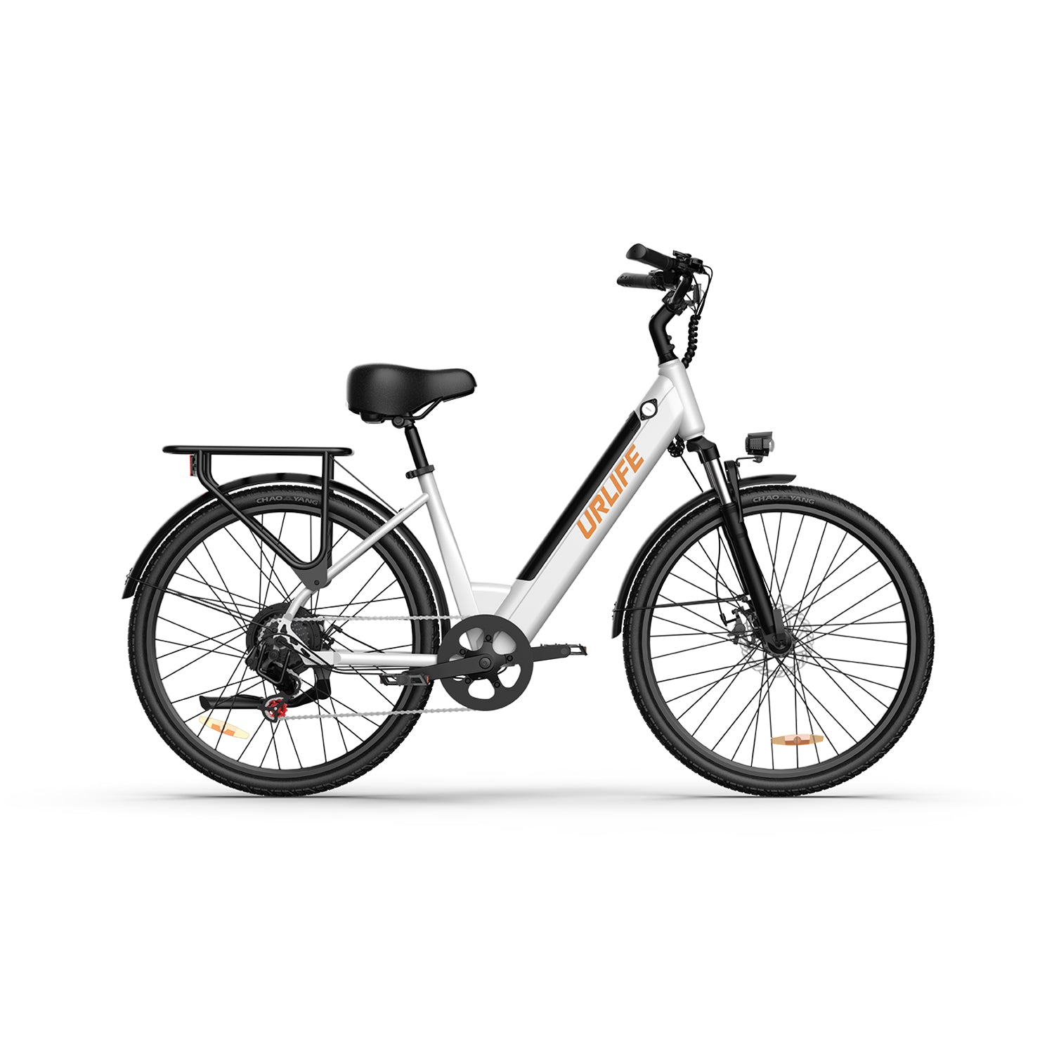 Ein weiß-schwarzes Elektrofahrrad mit dem Markennamen 'URLIFE'. Es hat schwarze Reifen, einen Sitz und einen Gepäckträger hinten. Der Hintergrund ist weiß.