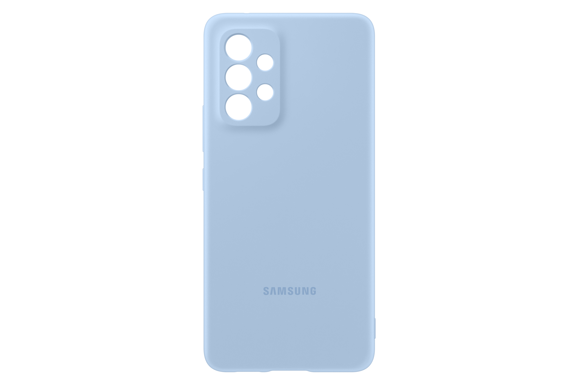 Custodia per telefono blu chiaro. Ha ritagli per la fotocamera e il logo Samsung. Lo sfondo è nero.