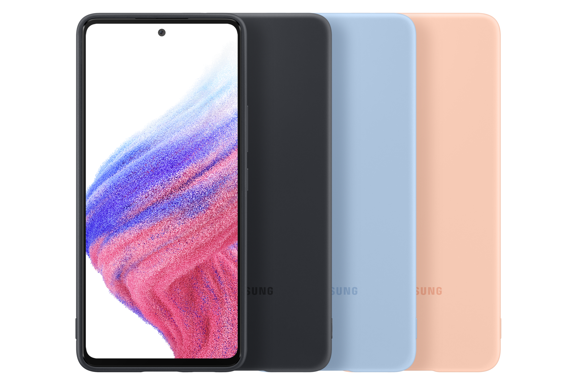 Quattro smartphone di diversi colori: nero, blu, azzurro e pesca. Il primo telefono mostra uno schermo colorato.