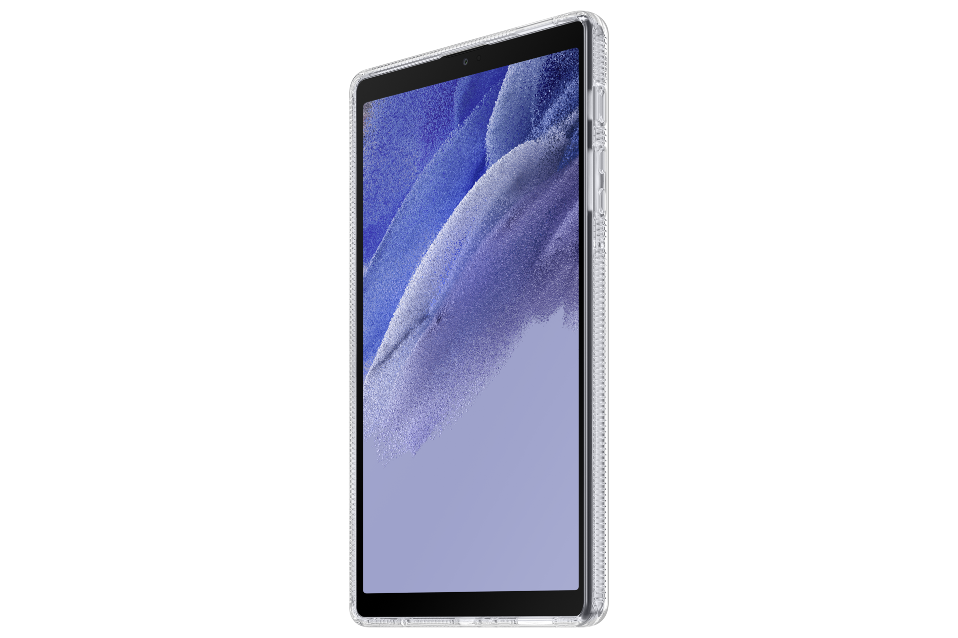Ein Tablet mit transparenter Hülle vor schwarzem Hintergrund. Der Bildschirm zeigt ein blau-weißes abstraktes Design.