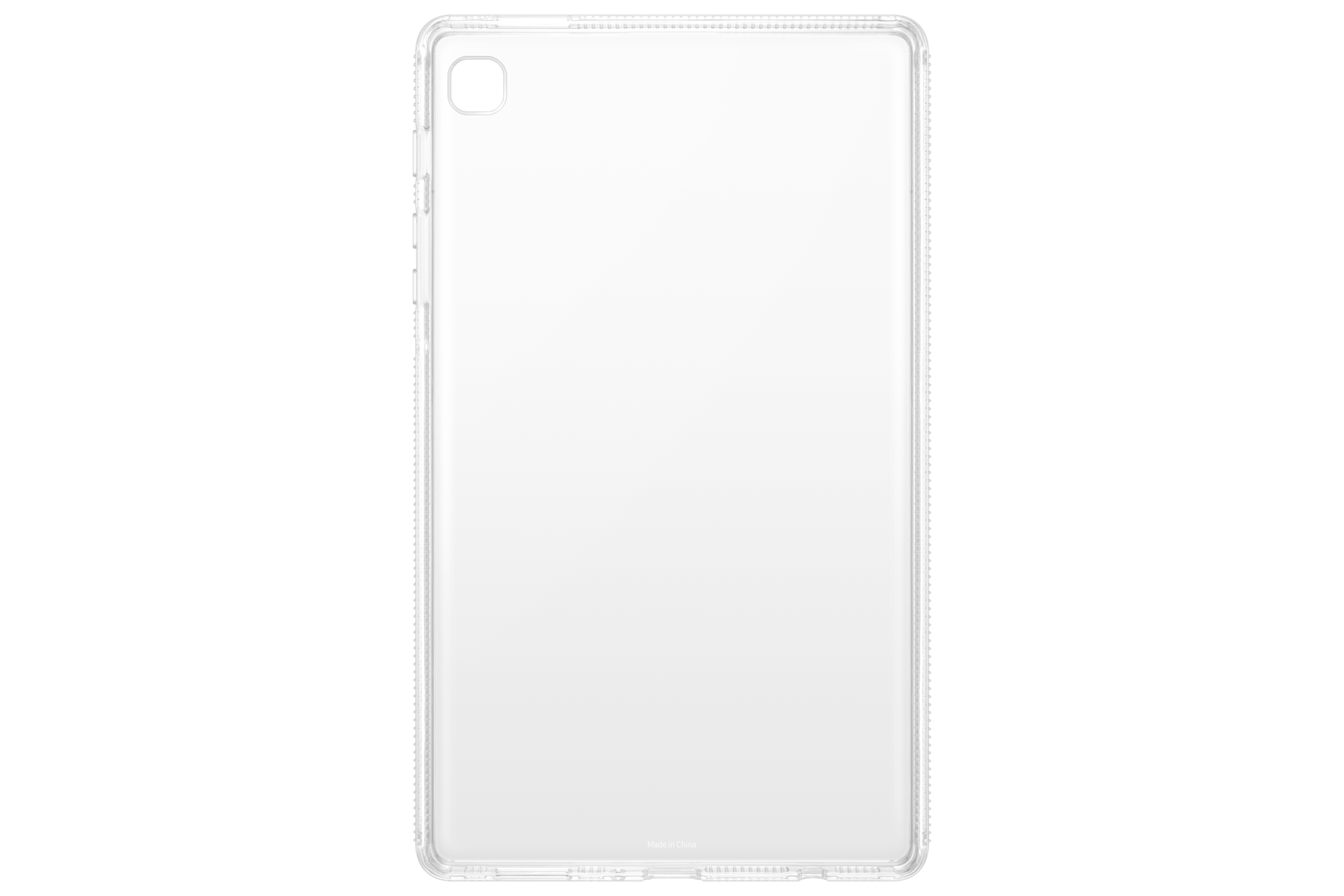 Eine transparente Tablethülle auf schwarzem Hintergrund. Die Hülle hat ein Kameraloch und die Aufschrift Made in China.