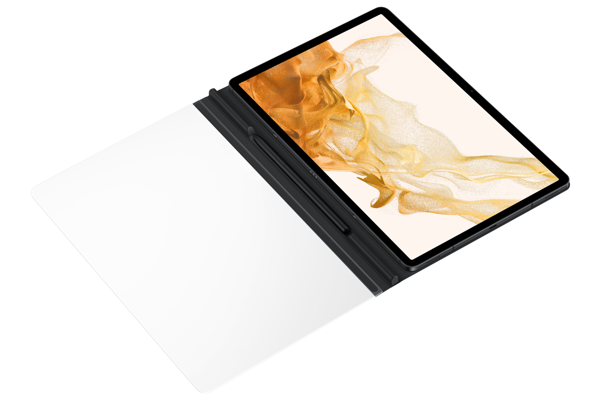 Tablet con cover bianca, aperto. Lo schermo mostra arte astratta dorata. Uno stilo nero è attaccato.
