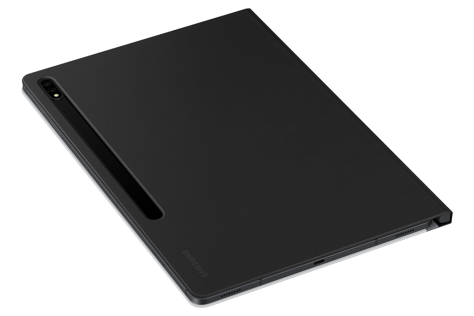Un tablet Samsung nero in una custodia nera. Il tablet è leggermente angolato, mostrando il logo Samsung.