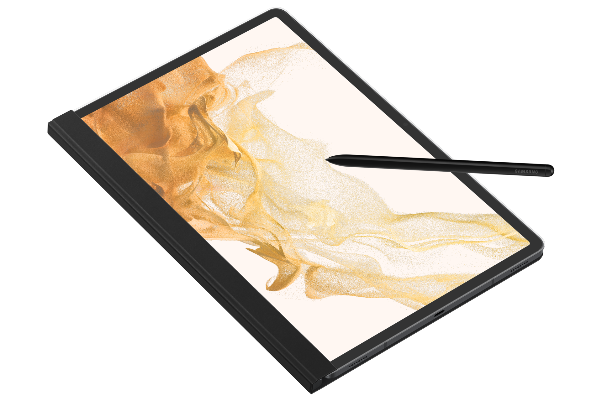Un tablet con custodia nera e stilo nero su sfondo nero, lo schermo mostra arte dorata.
