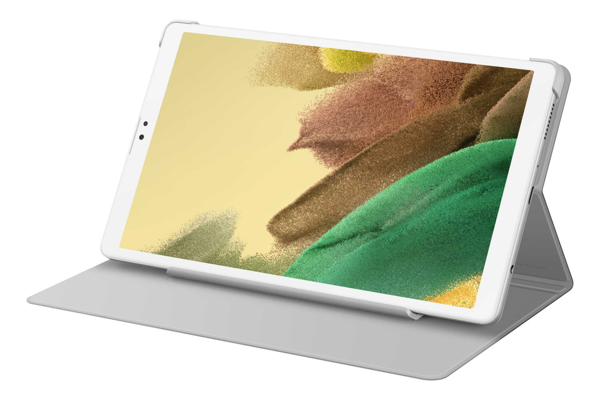 Ein weißes Tablet mit einem Bildschirm, der bunte abstrakte Kunst zeigt, wird von einem grauen Gehäuse gehalten, isoliert auf Schwarz.