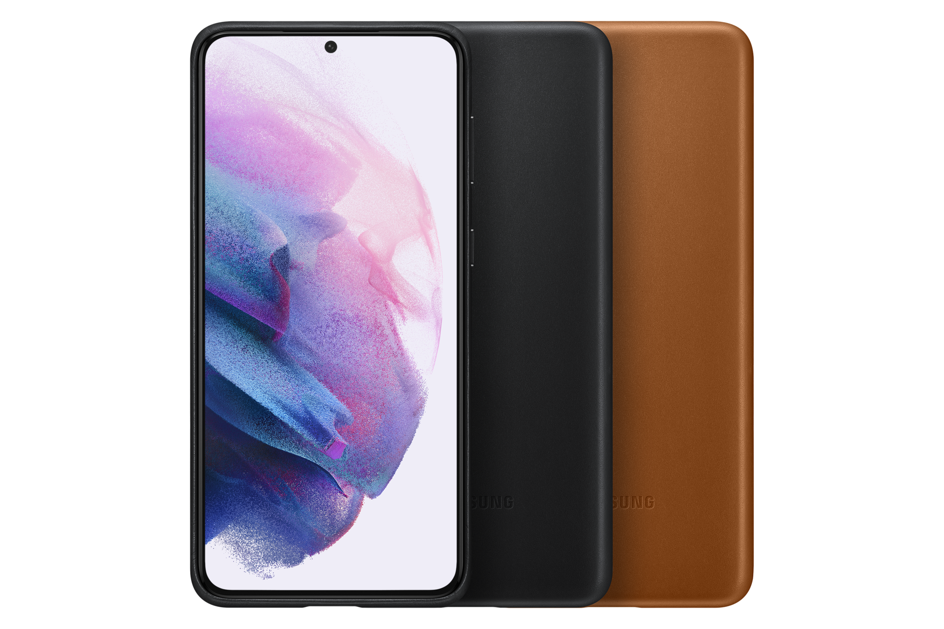 Ein Smartphone mit schwarzer Hülle wird zusammen mit zwei zusätzlichen Hüllen in Schwarz und Braun vor schwarzem Hintergrund gezeigt.