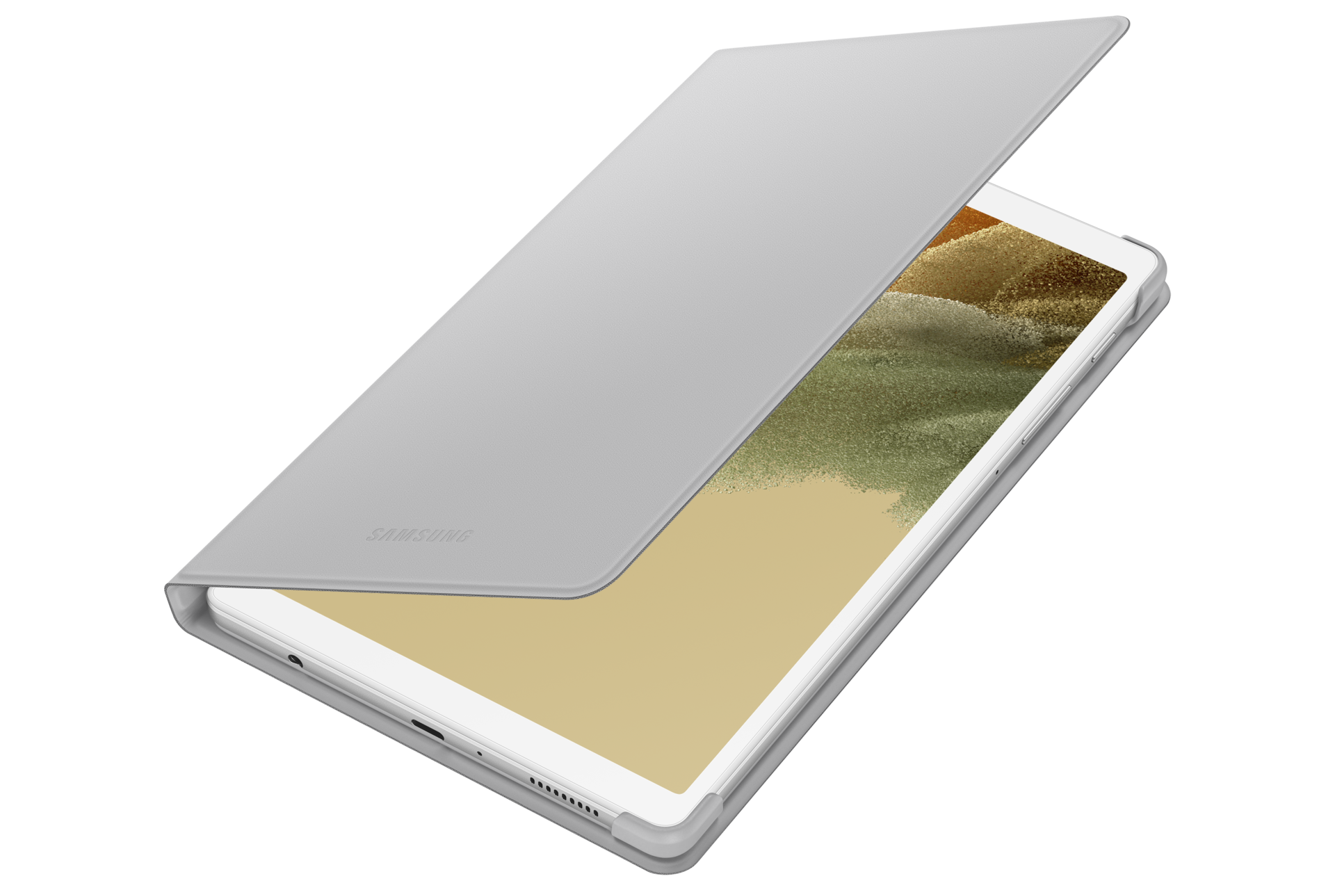 Ein Tablet mit hellgrauer Hülle, die teilweise geöffnet ist. Der Bildschirm zeigt einen gelblichen Hintergrund. Samsung-Logo sichtbar.