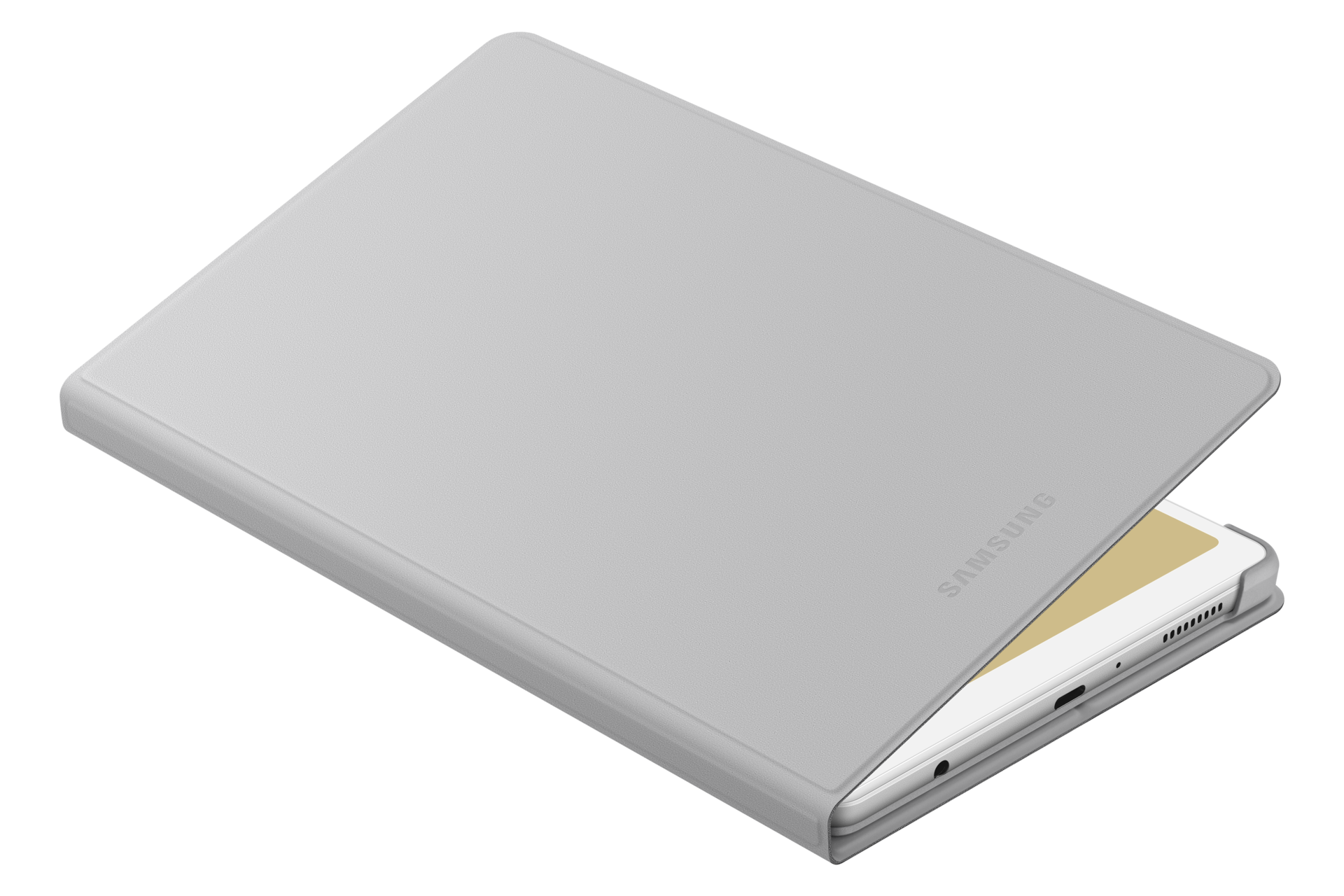 Ein graues Samsung-Tablet in einer grauen Hülle ist leicht geöffnet und gibt den Bildschirm frei. Der Hintergrund ist schwarz.