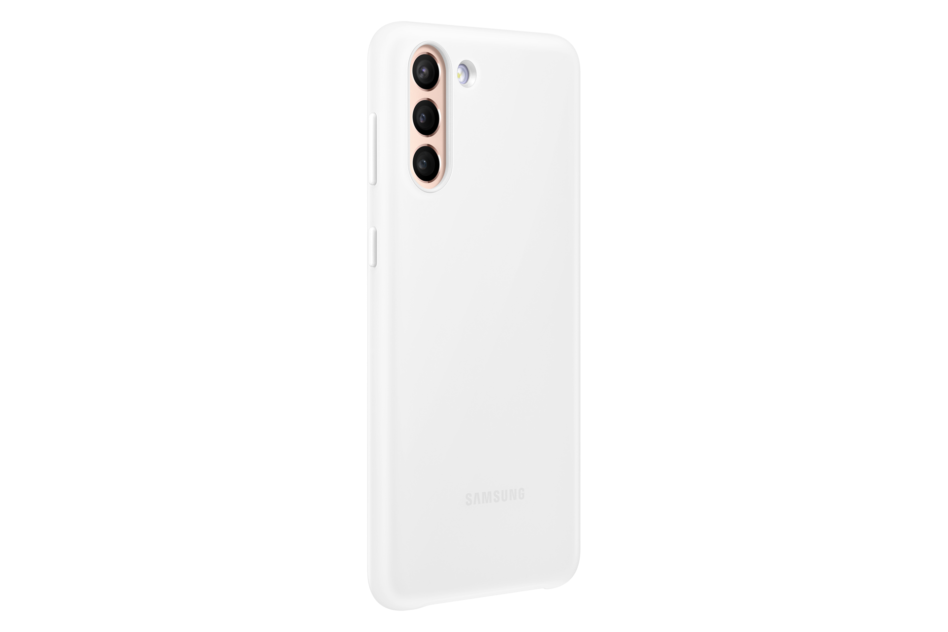 Una funda blanca para teléfono con tres lentes de cámara y un flash. El logotipo de Samsung es visible en la funda.