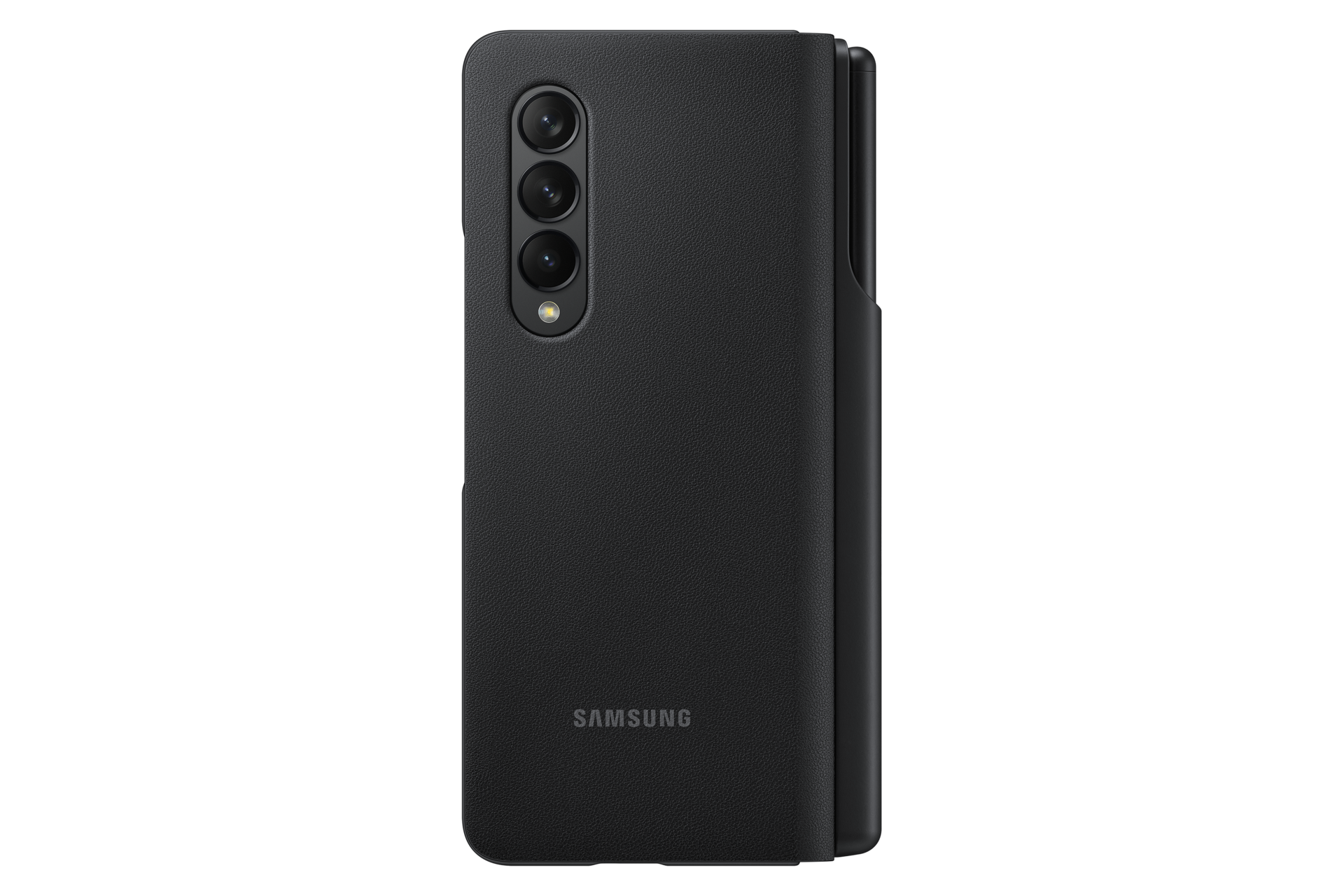 Schwarze Samsung-Handyhülle mit drei Kameralinsen und dem Samsung-Logo. Die Hülle ist vor schwarzem Hintergrund geschlossen.