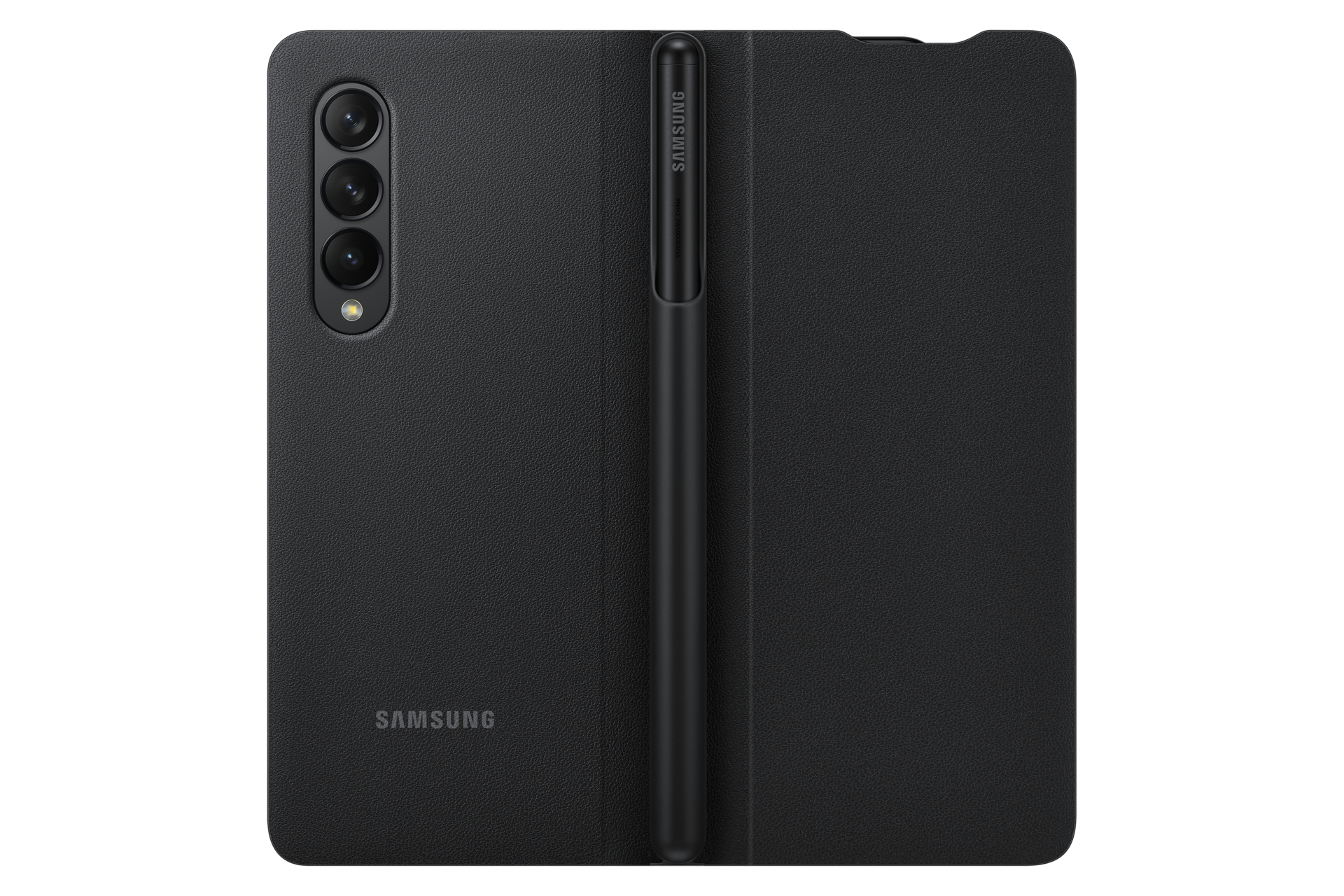 Schwarze Samsung-Handyhülle mit S Pen. Die Hülle ist offen und zeigt die Kamera des Telefons und den Stift.