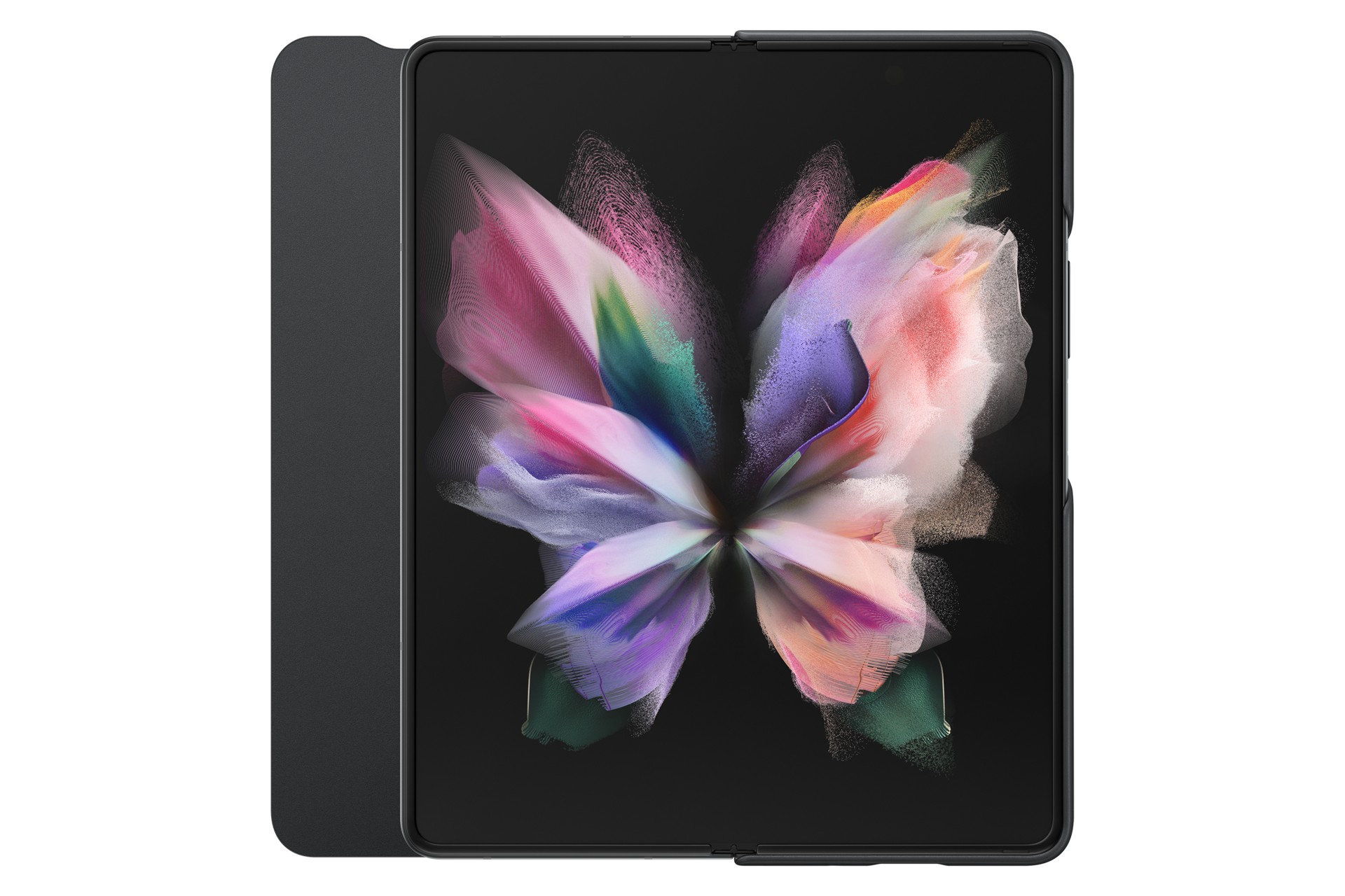 Aufgeklapptes faltbares Telefon mit farbenfrohem, abstraktem Design. Das Telefon ist dunkelgrau, der Hintergrund schwarz.