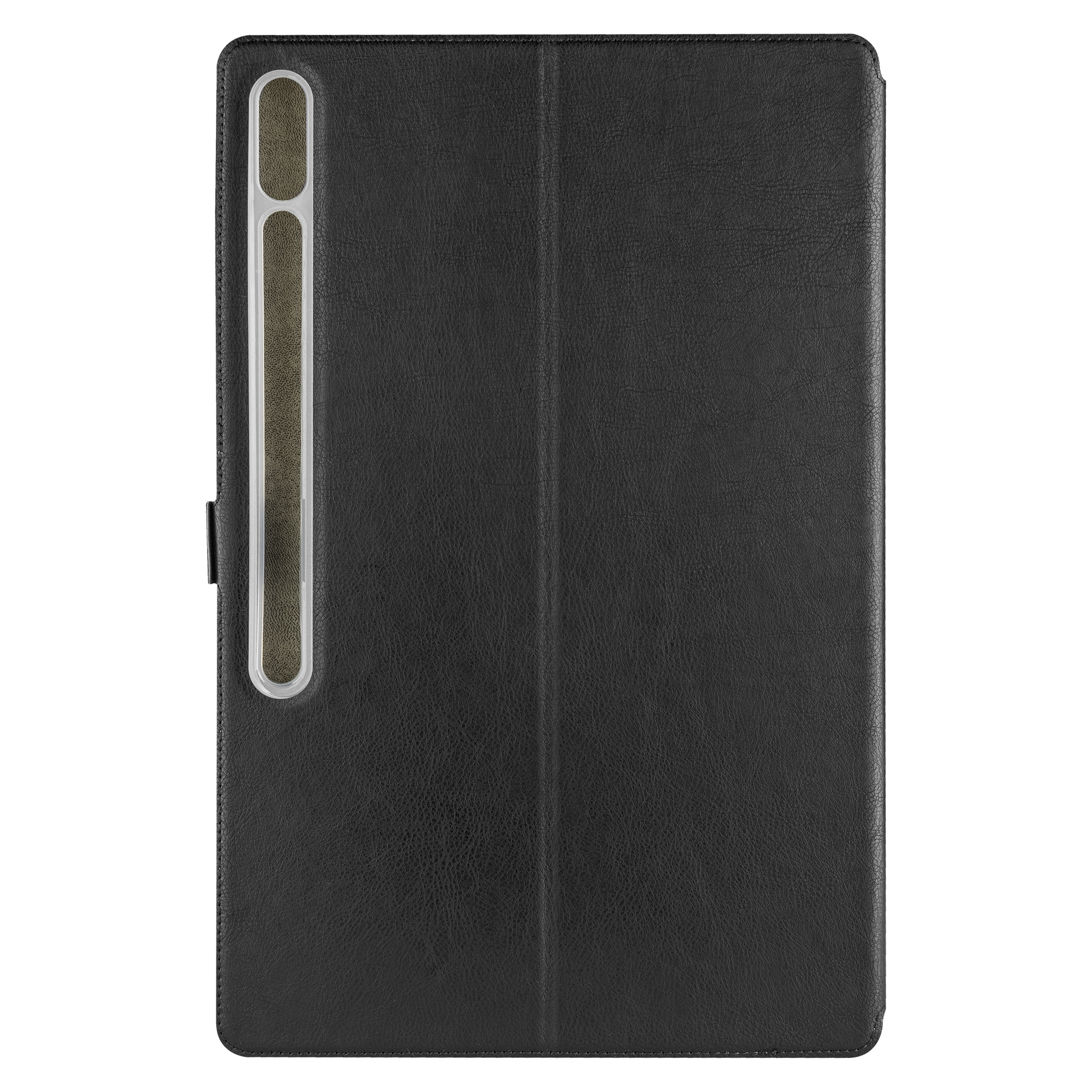 Custodia nera per tablet con portapenna verticale. La custodia è chiusa. Sfondo bianco.