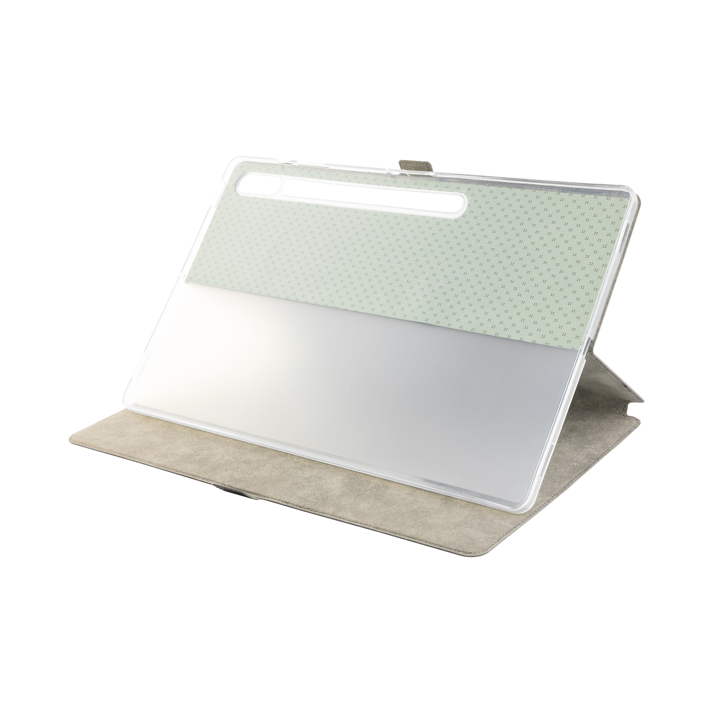Custodia per tablet aperta. Parte superiore con motivo verde chiaro, copertura schermo trasparente e base marrone chiaro.