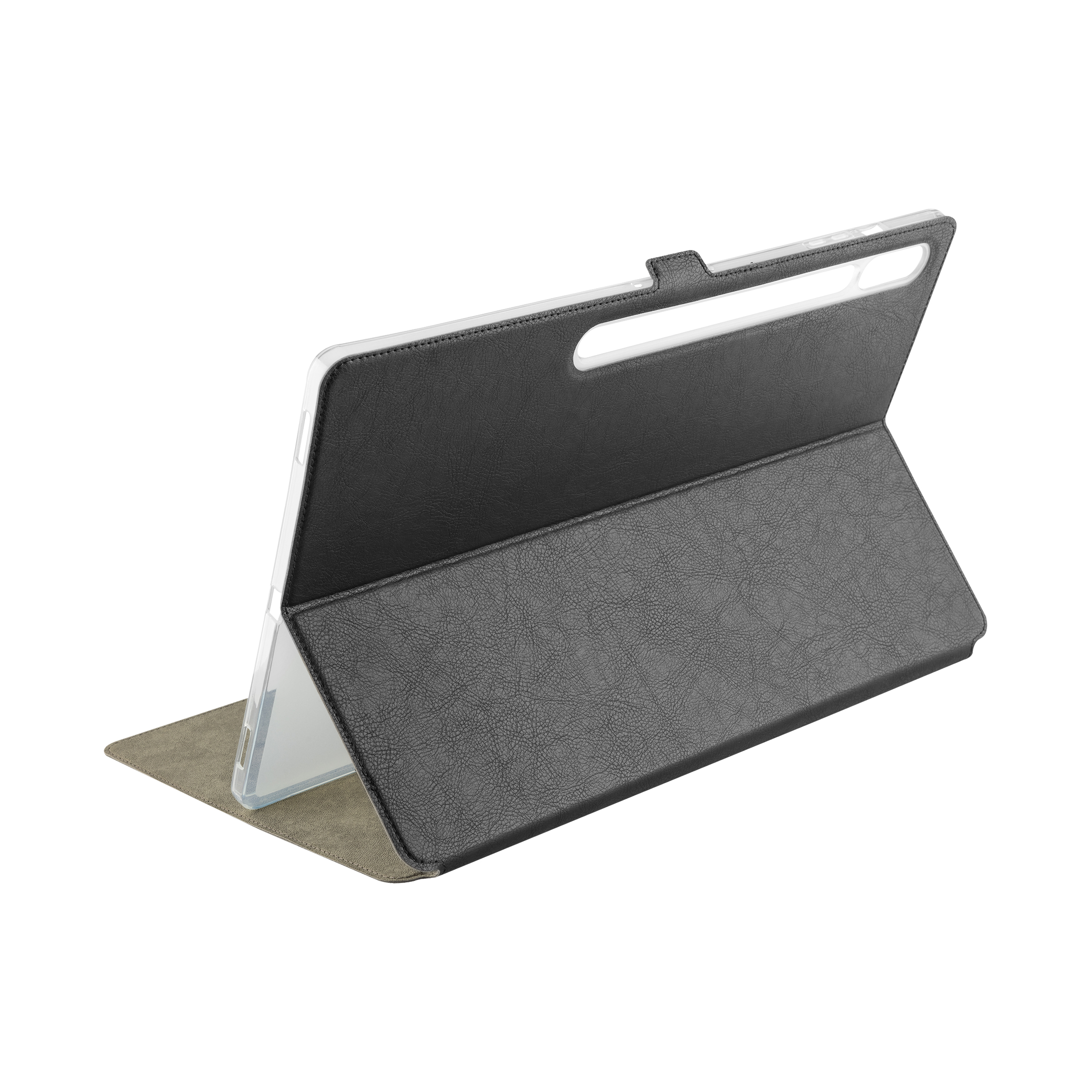 Un tablet in una custodia di pelle nera, aperto. La custodia è angolata, rivelando uno schermo bianco.