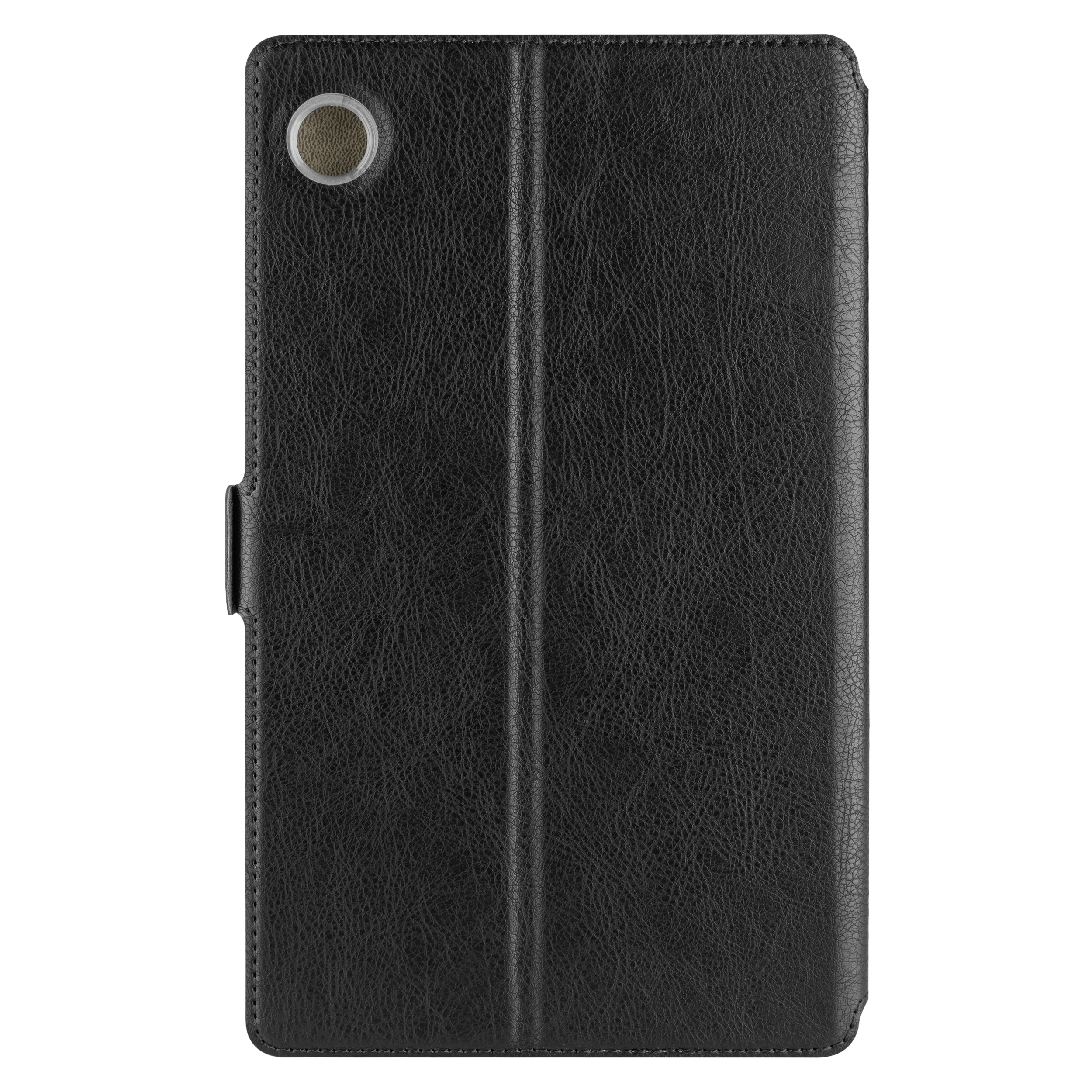 Funda negra para tableta con recorte para cámara y cierre magnético. La funda está cerrada y hecha de material texturizado.