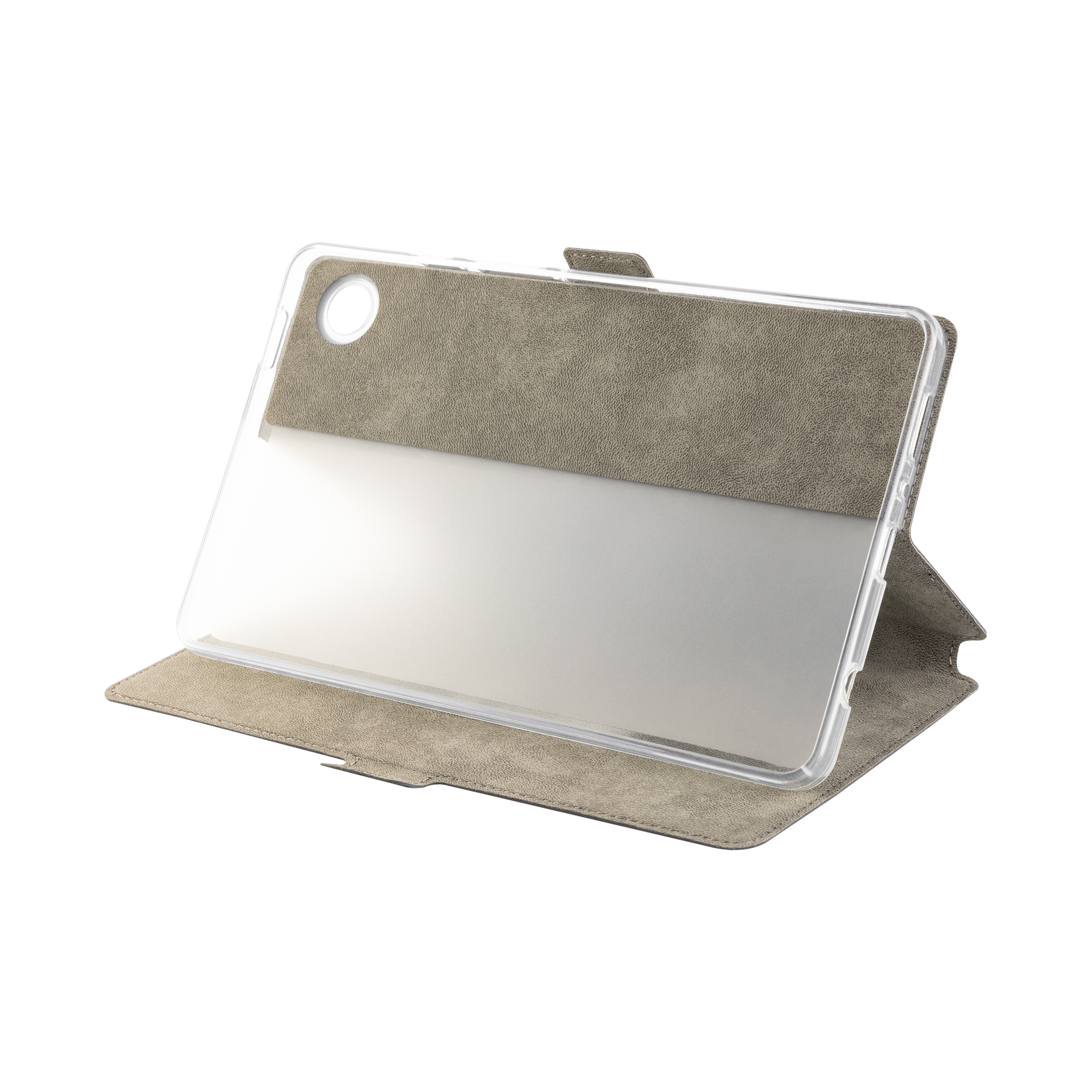 Funda de tableta abierta, material similar al cuero beige, marco de plástico transparente. Fondo blanco.