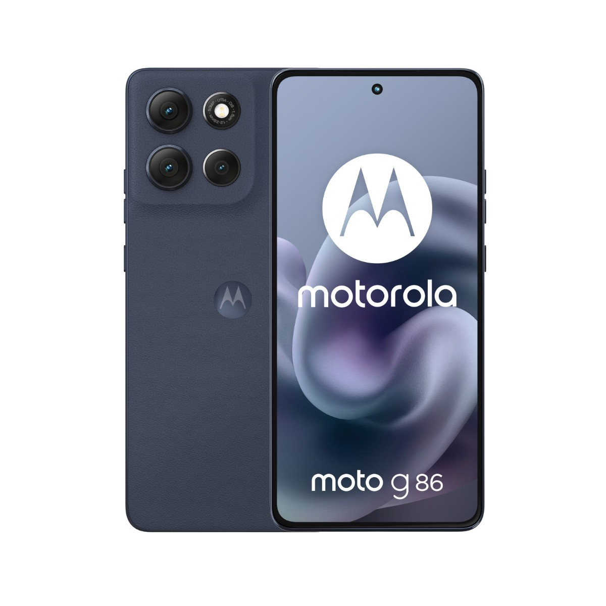 Ciemnoniebieski smartfon Motorola Moto g86. Posiada trzy tylne kamery. Ekran wyświetla logo Motoroli i 'moto g86'.