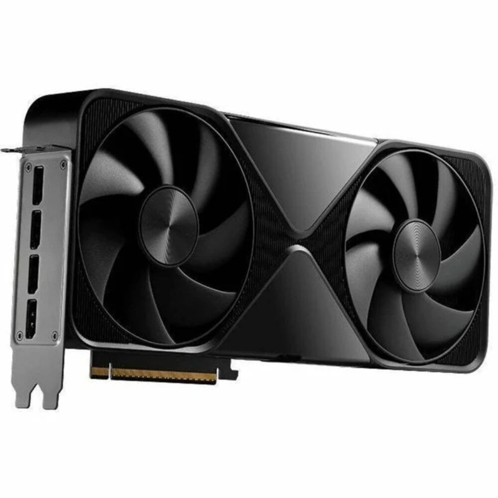Una scheda grafica per computer nera con due grandi ventole. Ha una staffa argentata e un corpo nero.