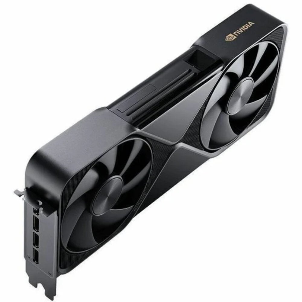 Una scheda grafica Nvidia nera con due ventole. Ha il logo Nvidia e diverse porte. Lo sfondo è bianco.