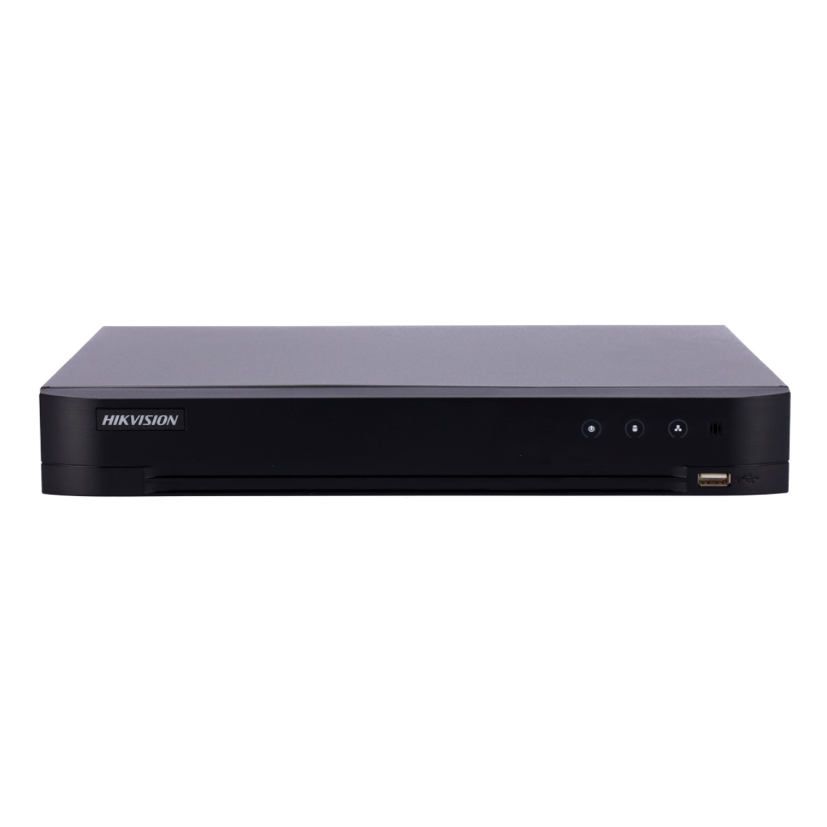 Czarne urządzenie DVR Hikvision na białym tle. Posiada przyciski, port USB i nazwę marki.