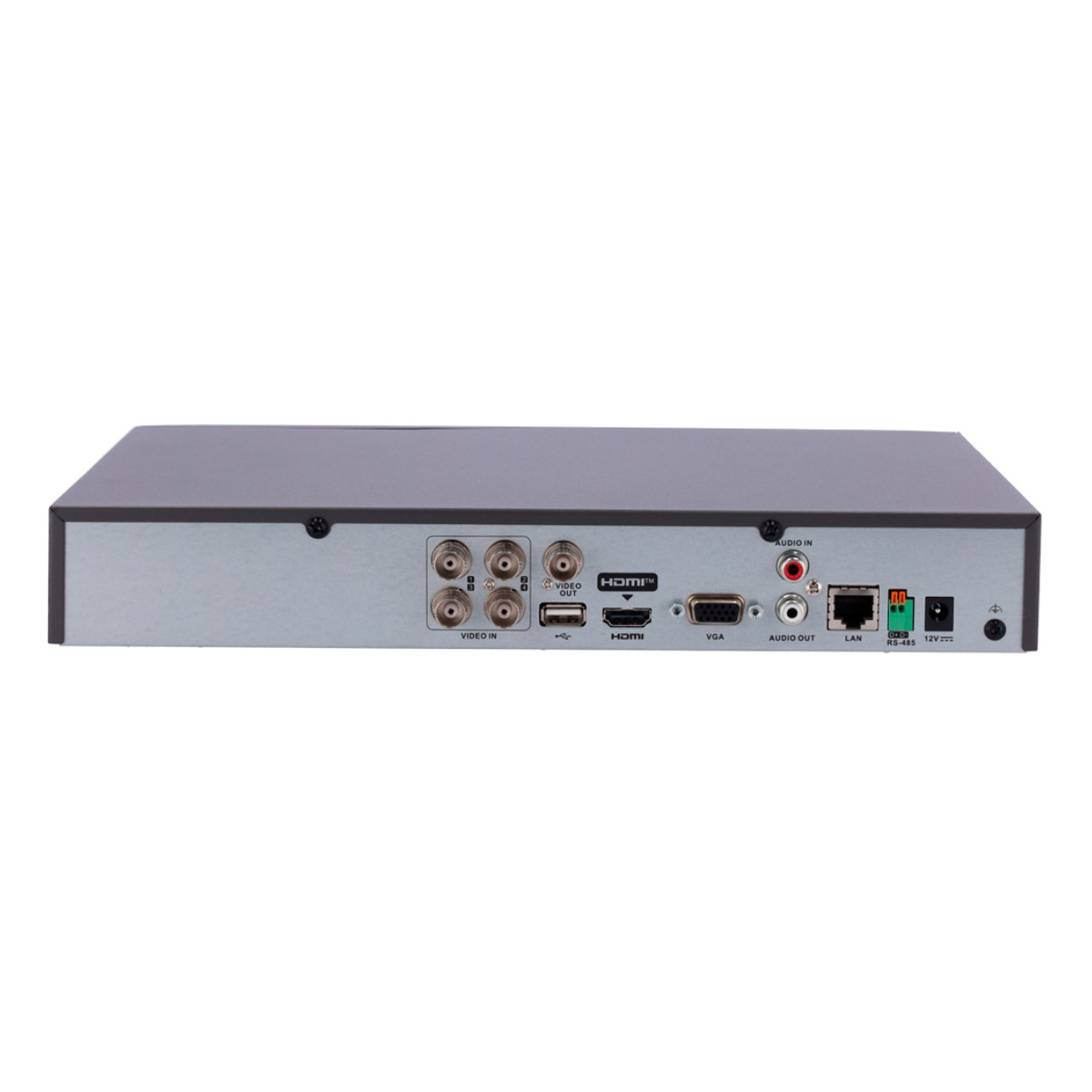 Widok z tyłu czarnego urządzenia DVR. Posiada różne porty wejścia/wyjścia z etykietami: wejście wideo, HDMI, VGA, wyjście audio, LAN i zasilanie.
