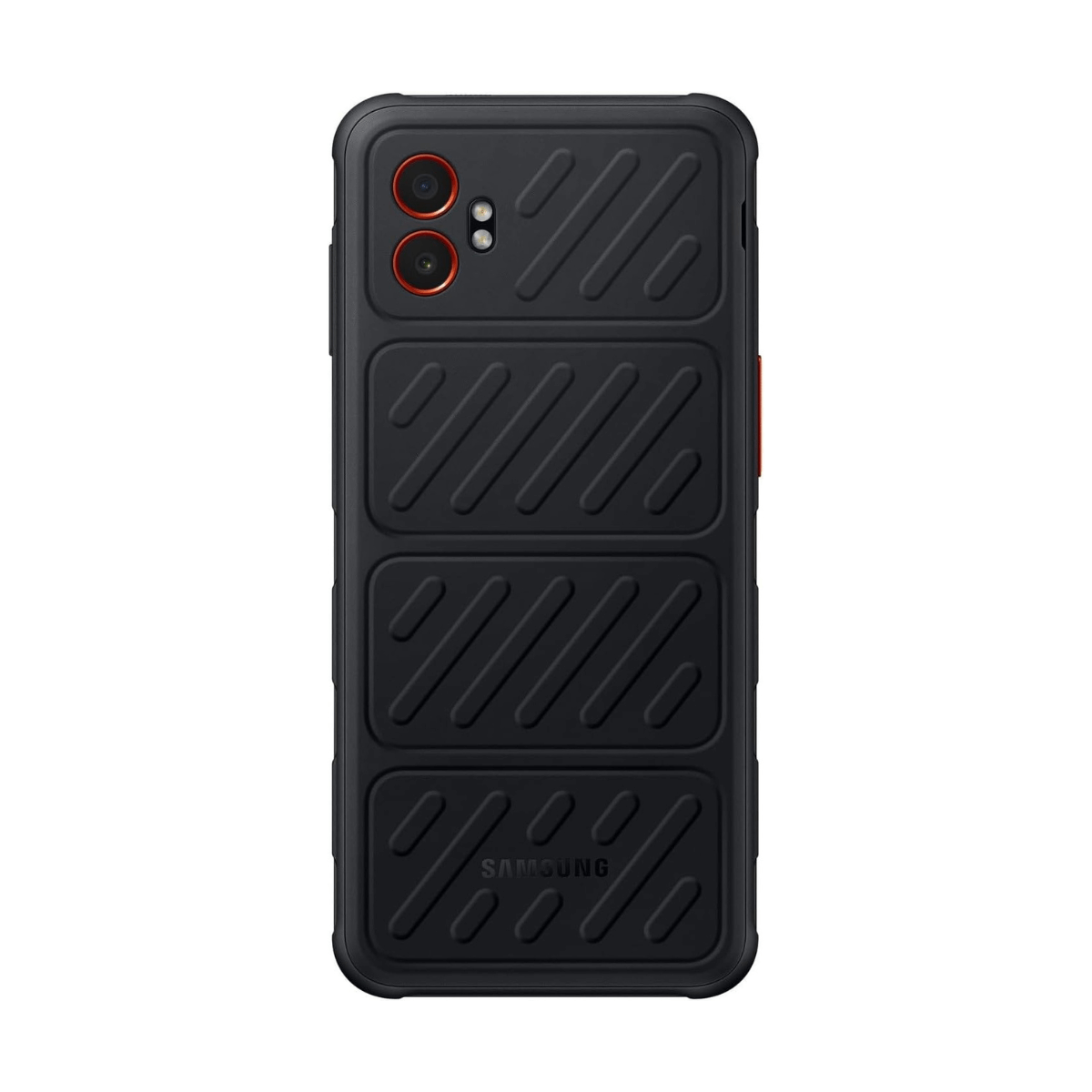 Czarny pokrowiec na telefon z teksturowanym wzorem. Posiada wycięcia na aparat z pomarańczowymi okręgami i logo Samsung.