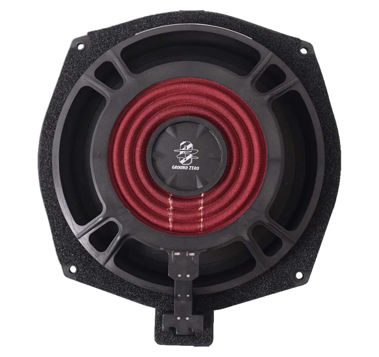 Ein Auto-Subwoofer mit rotem Lautsprecherkonus, schwarzem Rahmen und Schaumumrandung, beschriftet mit Ground Zero.