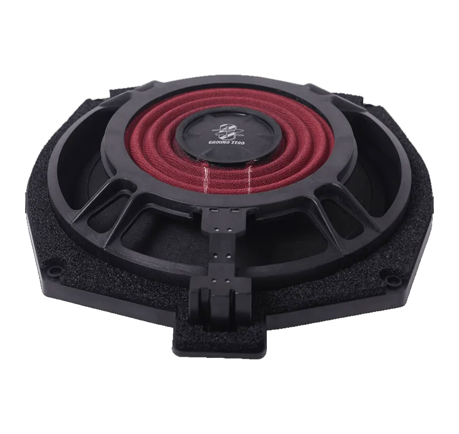 Ein schwarzer Subwoofer-Lautsprecher mit rotem Netz in der Mitte. Er hat eine schwarze Schaumbasis und ein Ground Zero-Logo.