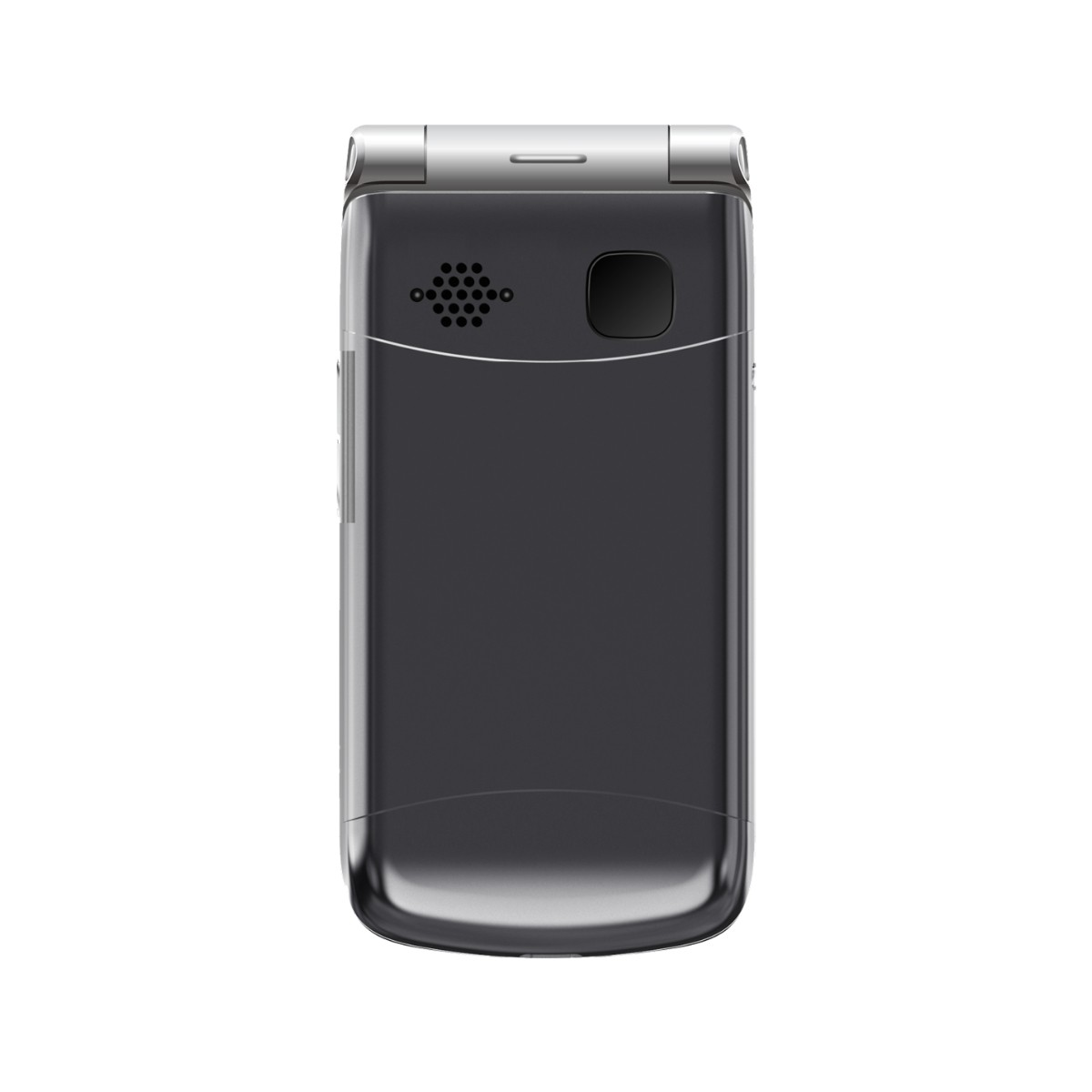 Un teléfono plegable cerrado, plateado y negro. La parte superior tiene una bisagra plateada. El cuerpo del teléfono es gris oscuro. Hay un botón.