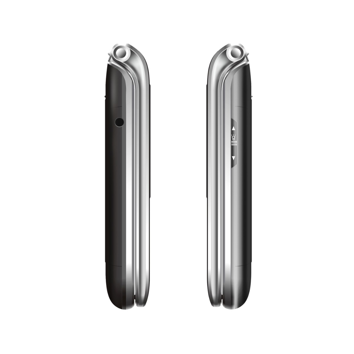 Dos teléfonos celulares plateados y negros sobre un fondo blanco. Los teléfonos se ven de lado, mostrando botones y detalles.