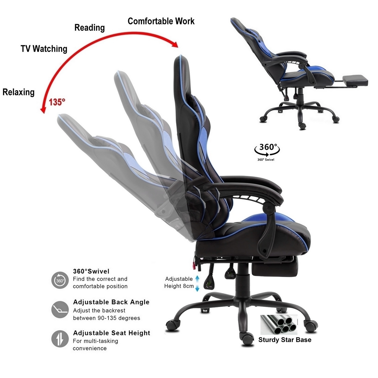 Ein Gaming-Stuhl mit schwarzem und blauem Design, der verstellbare Rückenwinkel, Höhe und Drehfunktionen zeigt. Textbeschriftungen zeigen verschiedene Winkel.