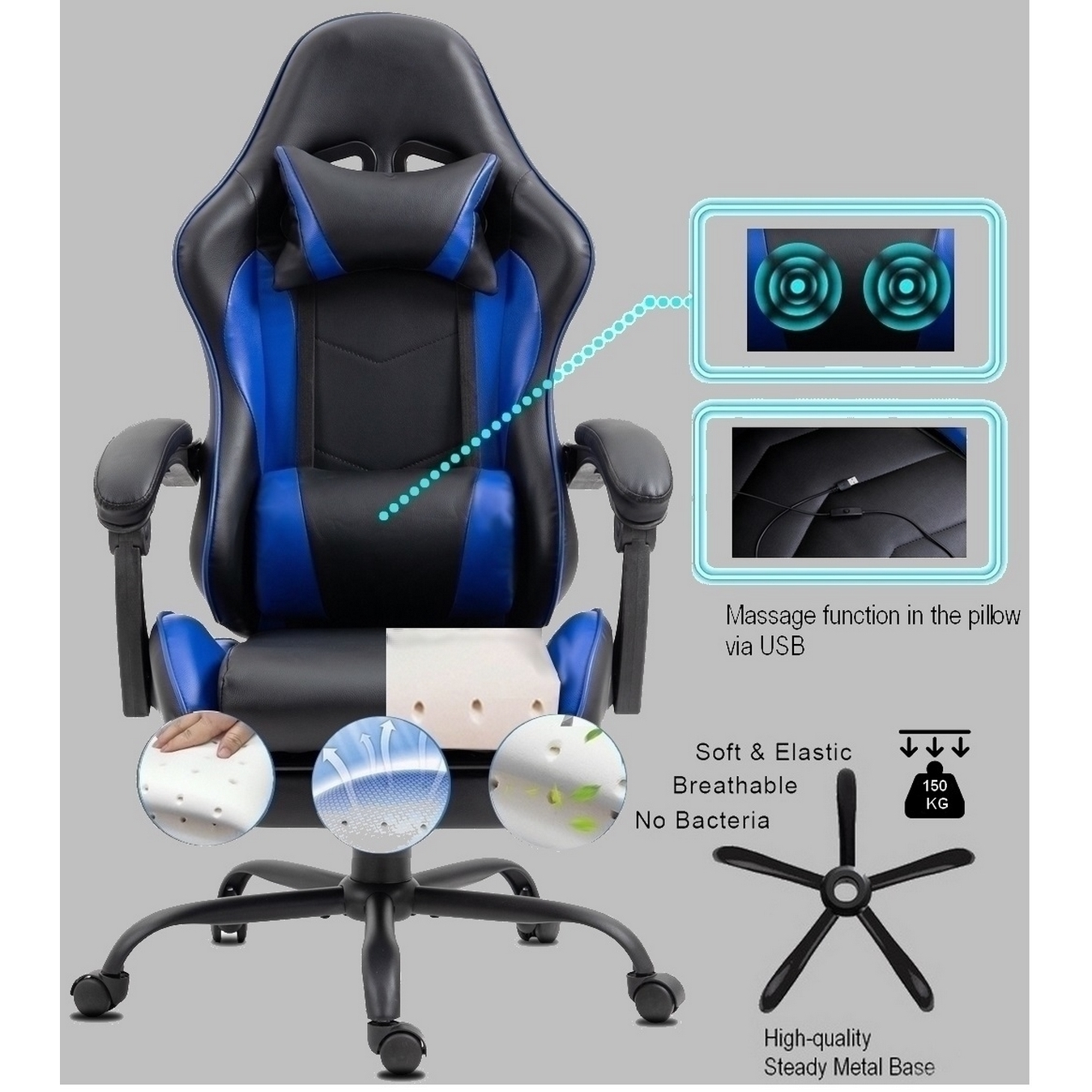 Ein schwarz-blauer Gaming-Stuhl mit Massagefunktion über USB, weich, elastisch und atmungsaktiv. Er hat eine hochwertige Metallbasis, die 150 kg trägt.