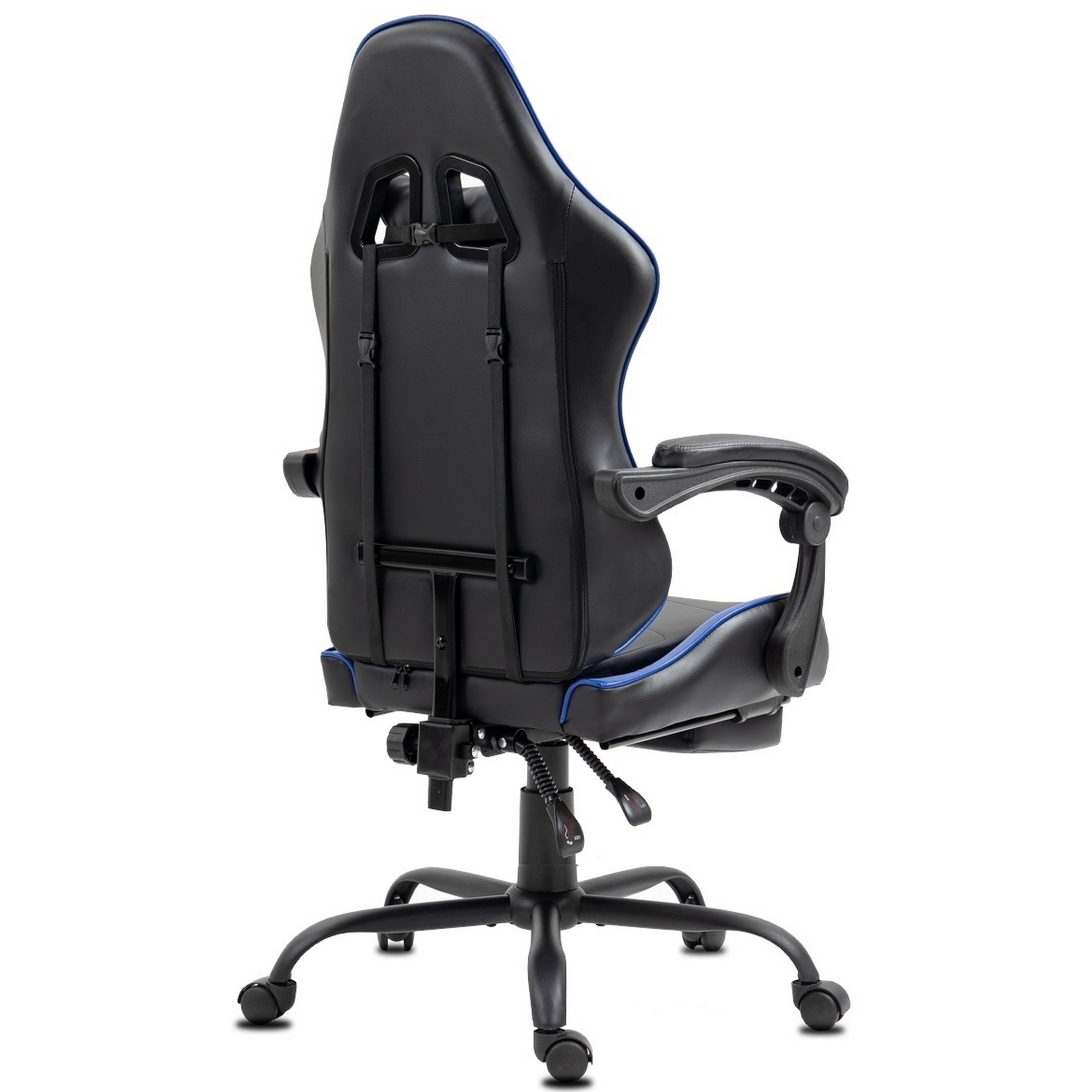 Schwarzer und blauer Gaming-Stuhl auf weißem Hintergrund. Rückansicht, die Details des Designs und der Struktur des Stuhls zeigt.