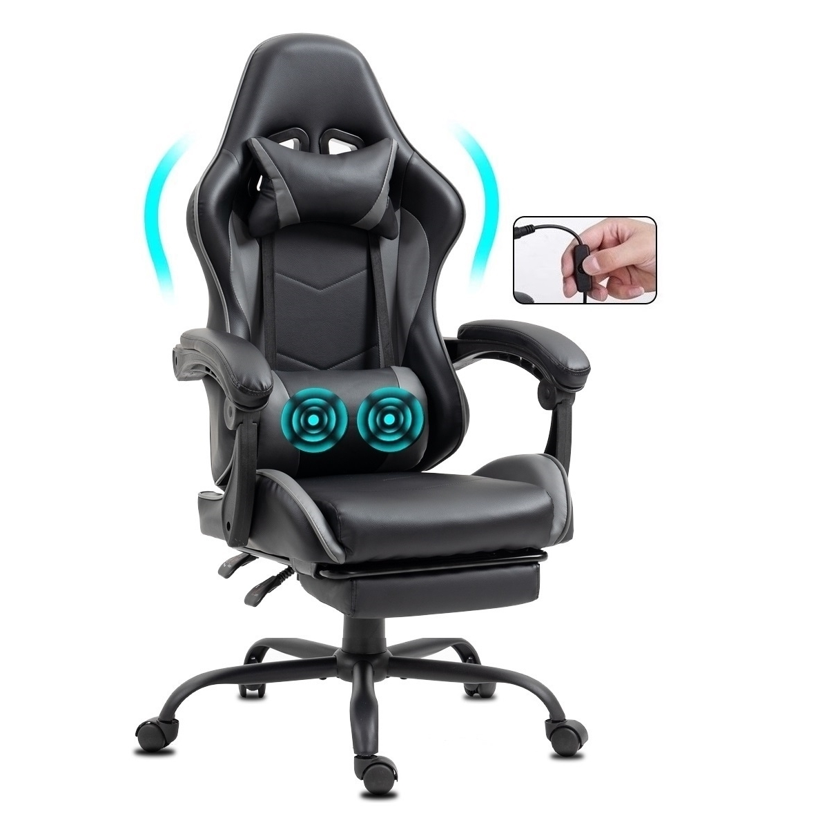 Schwarzer und grauer Gaming-Stuhl mit Massagefunktion. Hand mit Steuerung in der Ecke. Blaue Massage-Wellen-Symbole werden angezeigt.