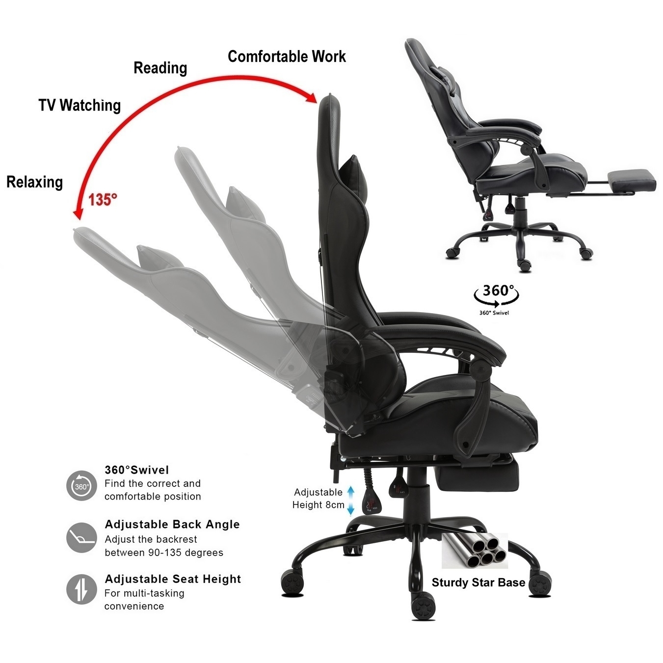 Ein schwarzer ergonomischer Bürostuhl mit verstellbaren Funktionen. Er hat eine hohe Rückenlehne, Armlehnen und eine Fußstütze. Etiketten weisen auf Funktionen und Winkel hin.
